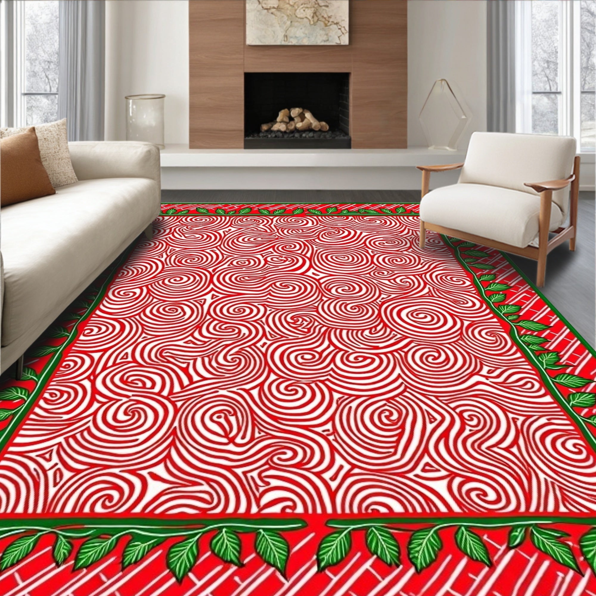 Red White Swirl Border Rug