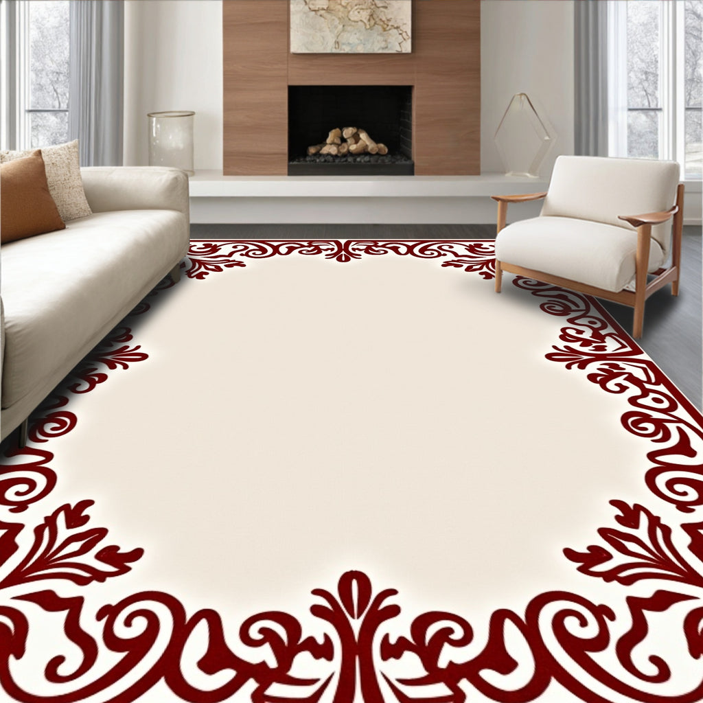 Rich Burgundy Vintage Scrollwork Border Rug