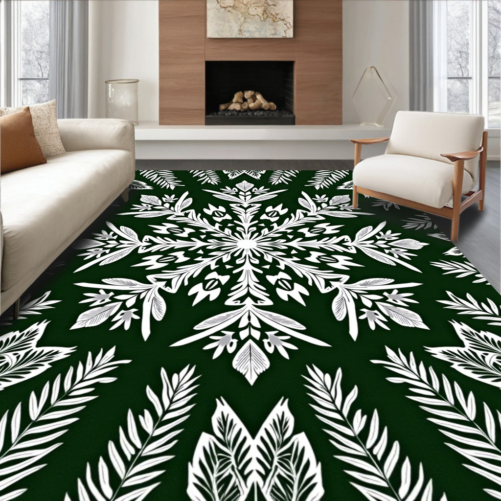 White Fern Mandala Green Rug