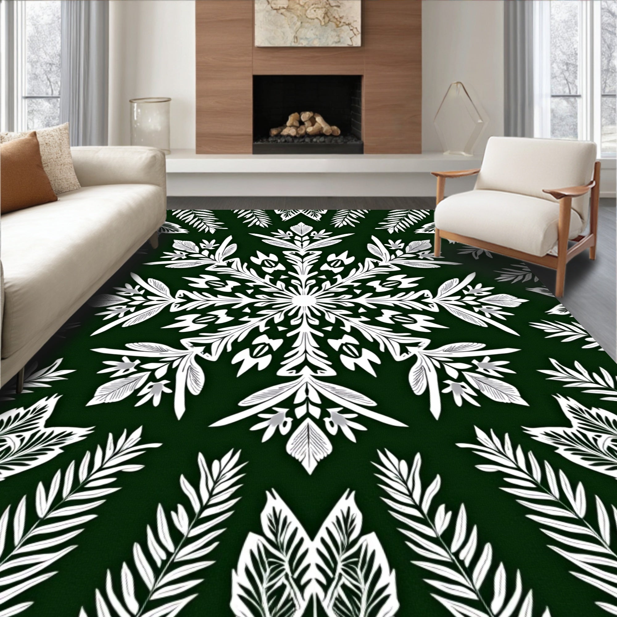 White Fern Mandala Green Rug