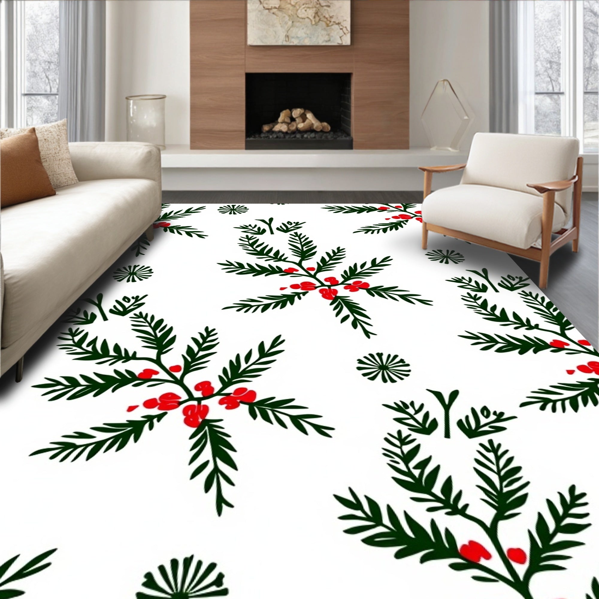Green Evergreen Berry Sprig Cluster Rug