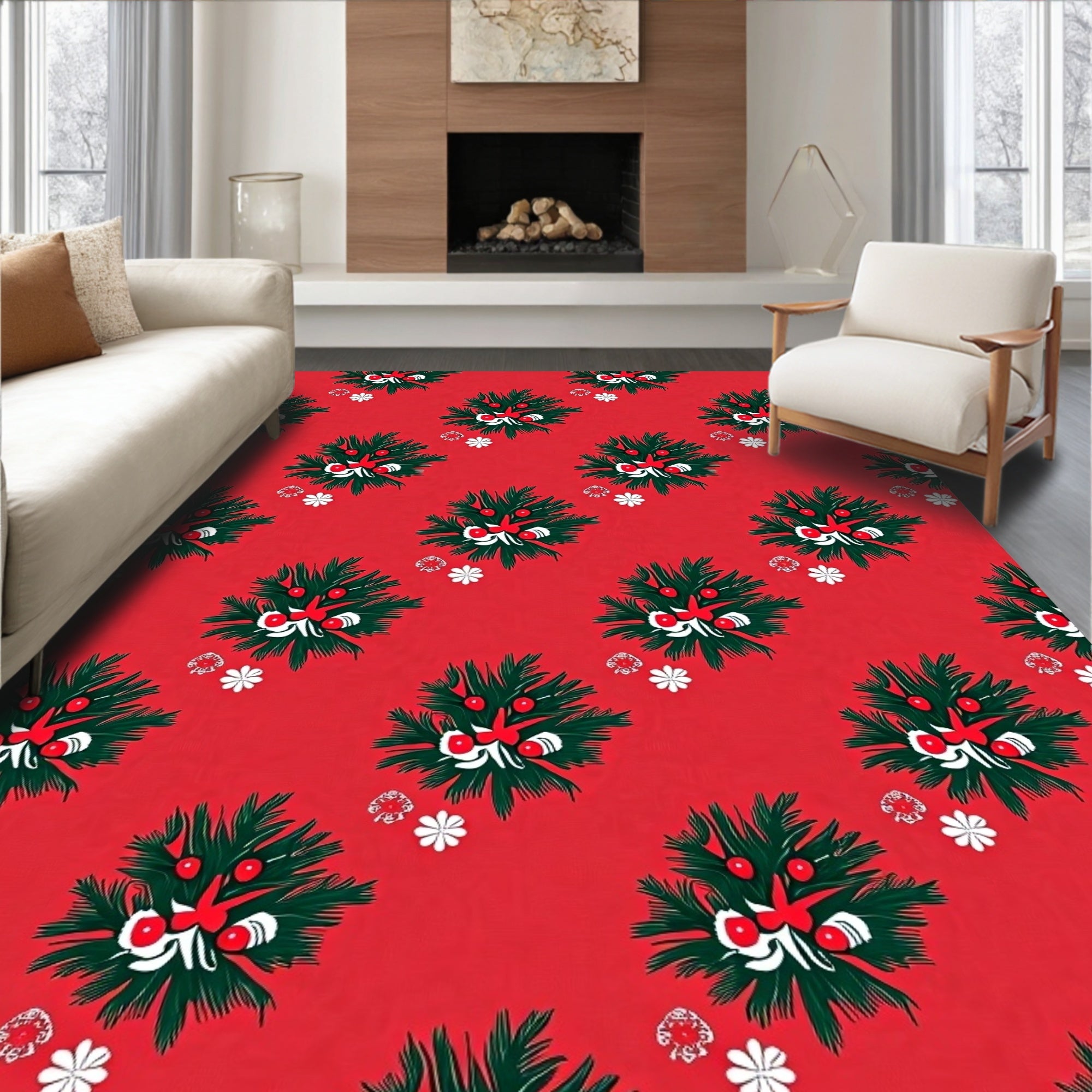 Festive Red Pine Holly Wreath Rug