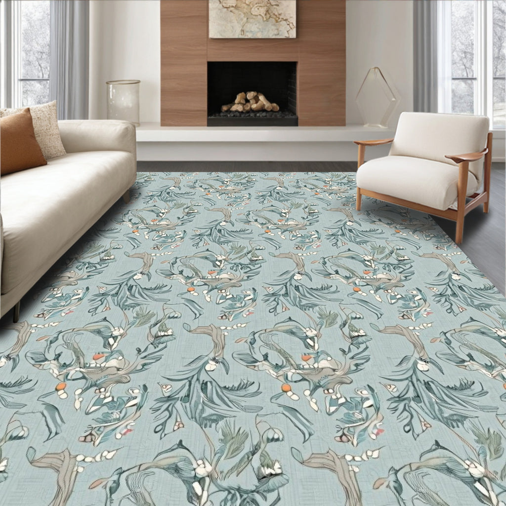Subtle Blue Whimsical Botanical Swirls Rug