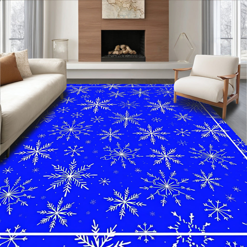 Charming White Snowflake Blue Field Rug