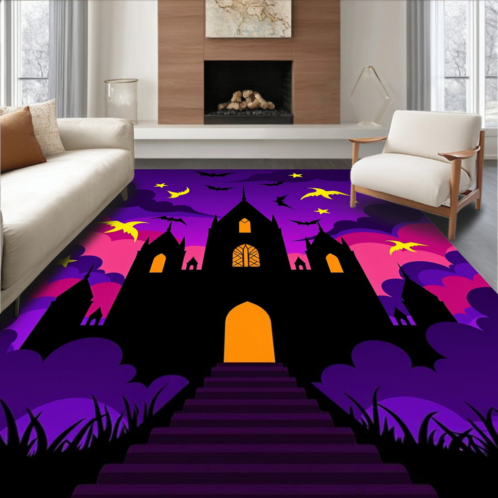 Gothic Castle Bats Purple Clouds Rug