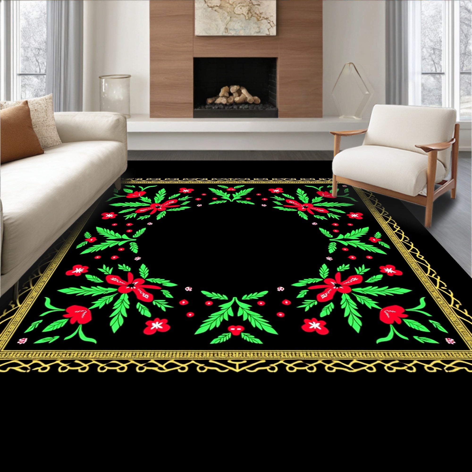 Classic Red Green Floral Border Rug