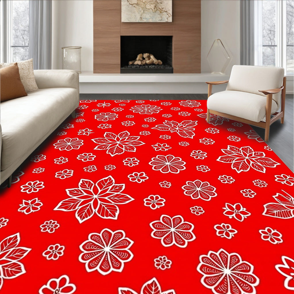 Vibrant Red White Floral Collage Rug