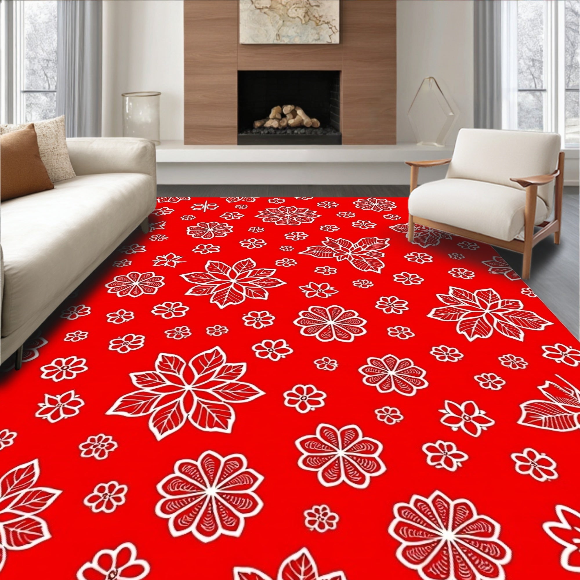 Vibrant Red White Floral Collage Rug