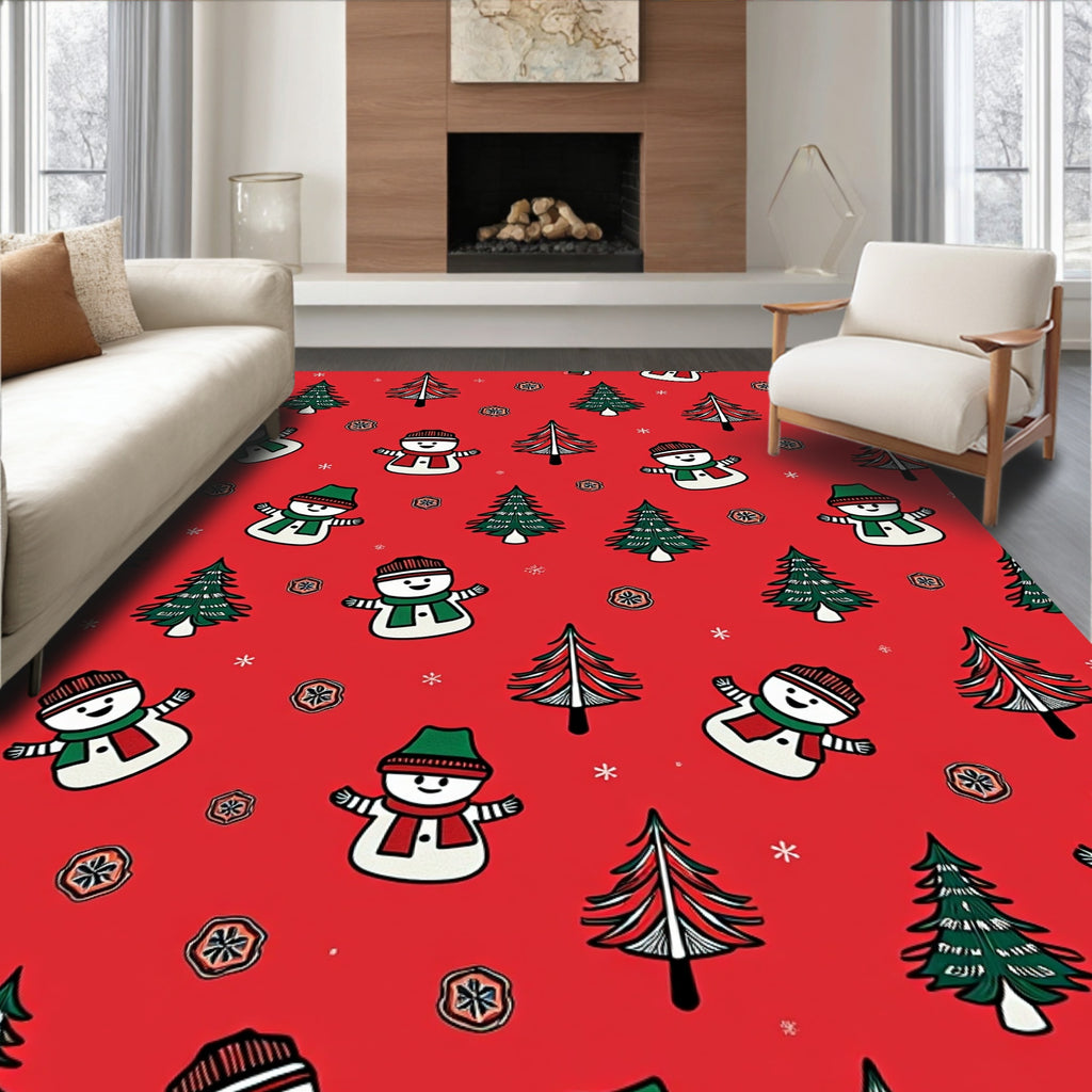 Red Christmas Snowman Tree Print Rug