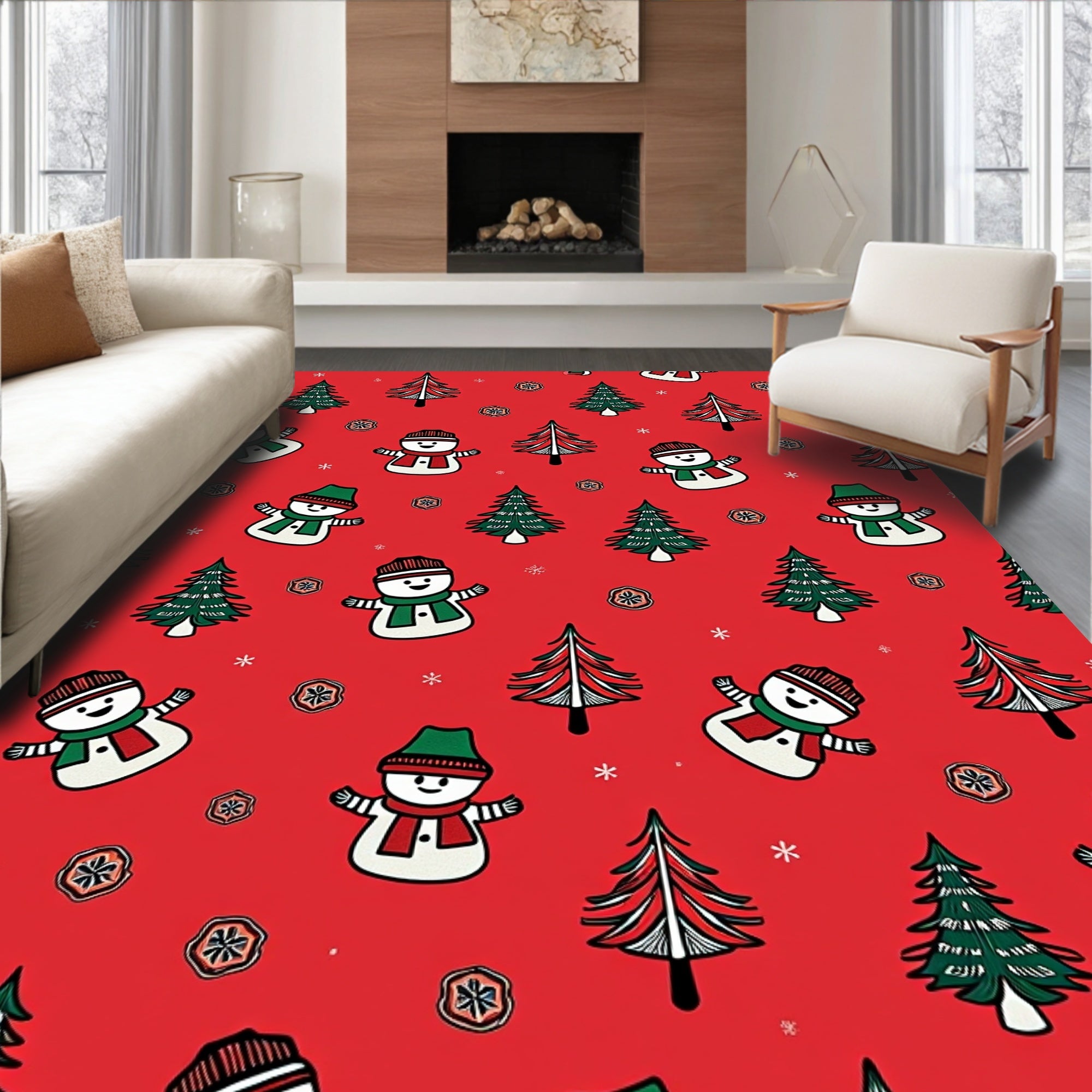 Red Christmas Snowman Tree Print Rug
