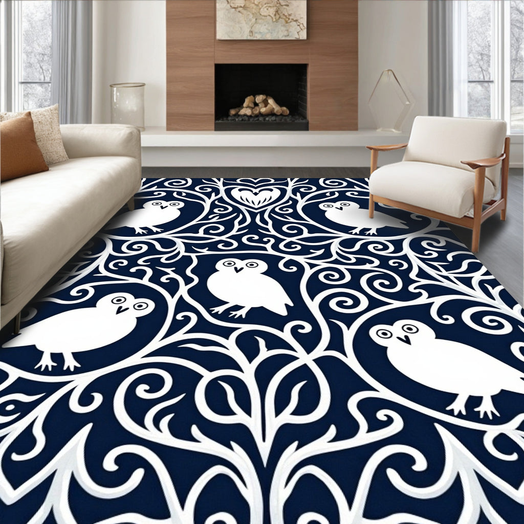 White Owl Whimsical Night Garden Rug