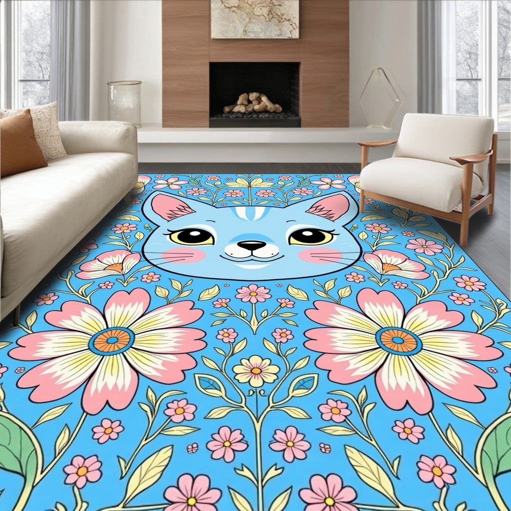 Whimsical Blue Cat Floral Garden Rug