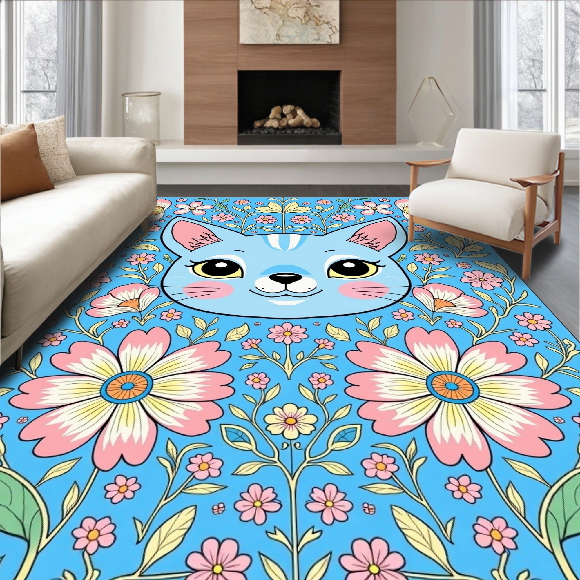 Whimsical Blue Cat Floral Garden Rug