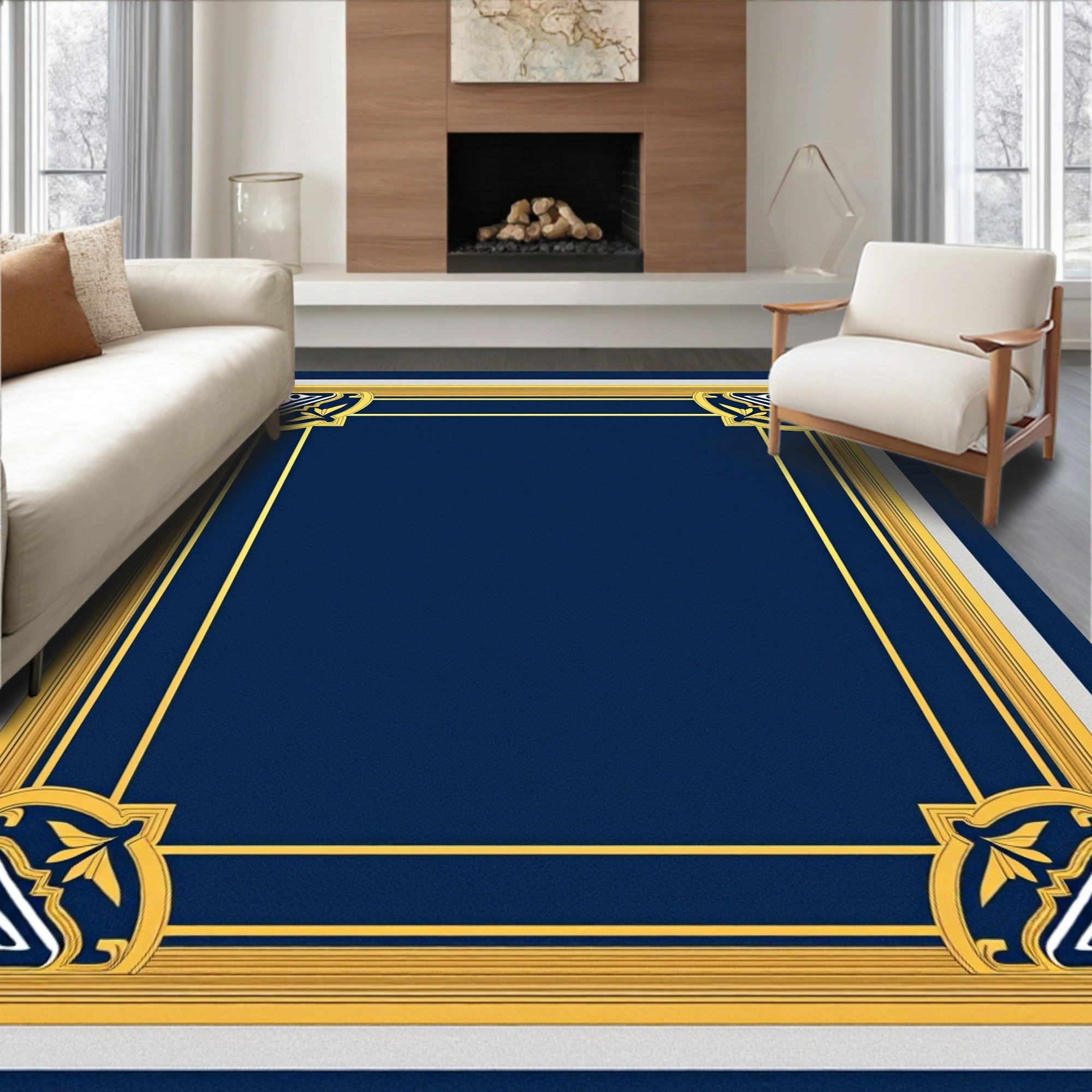 Ornate Gold Navy Blue Framed Rug