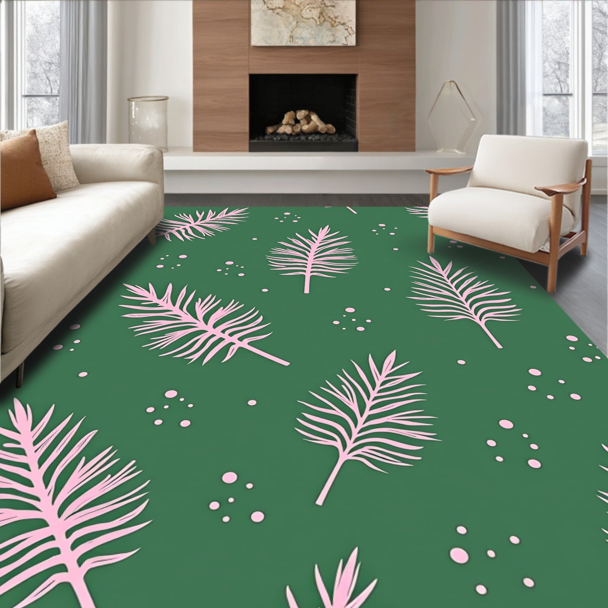 Pink Palm Frond Scattered Green Rug