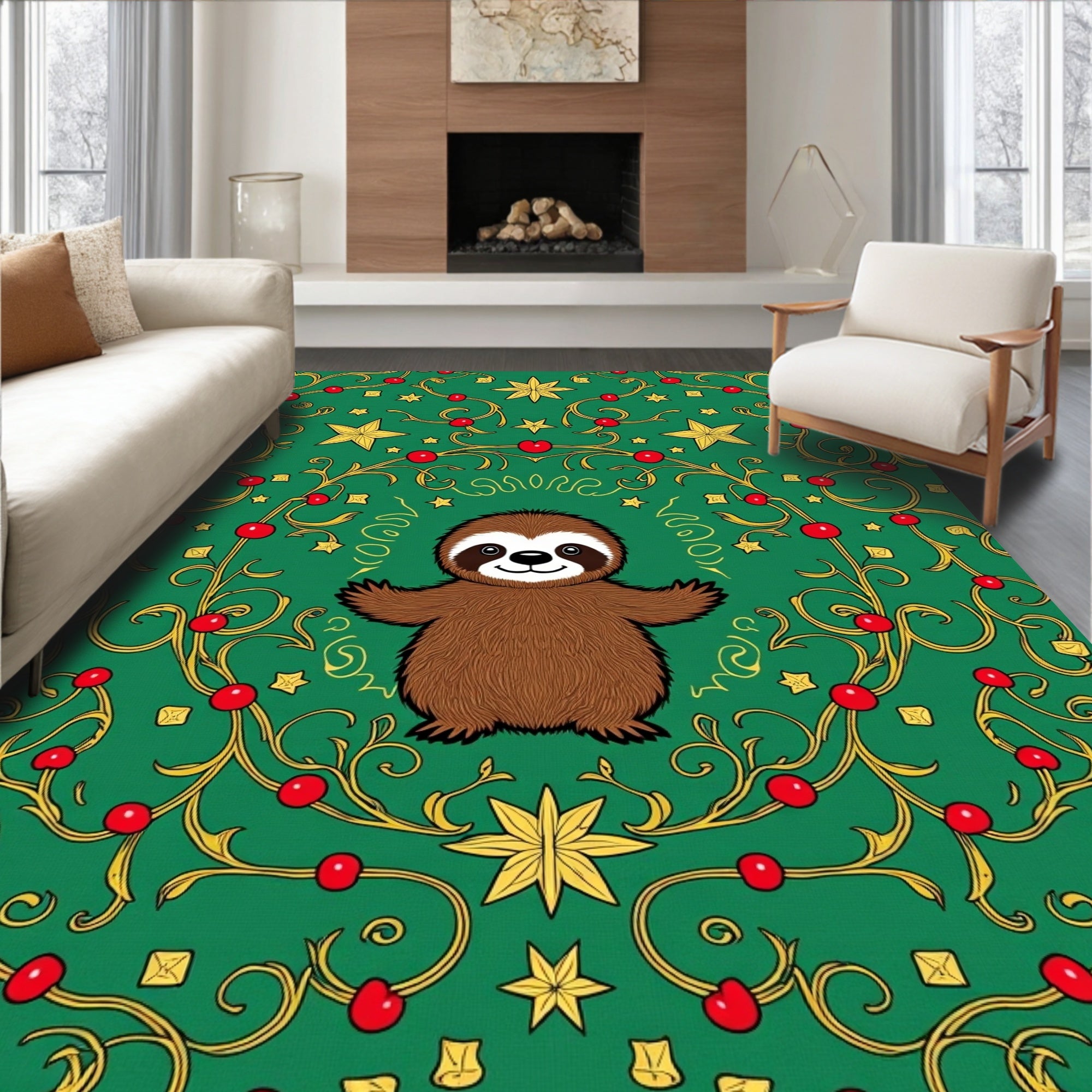 Green Sloth Cherries Gold Stars Border Rug