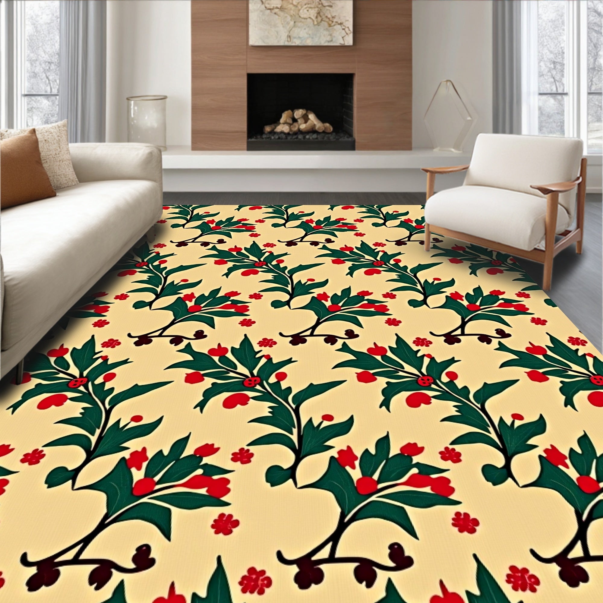 Rustic Red Berry Leaf Vine Rug