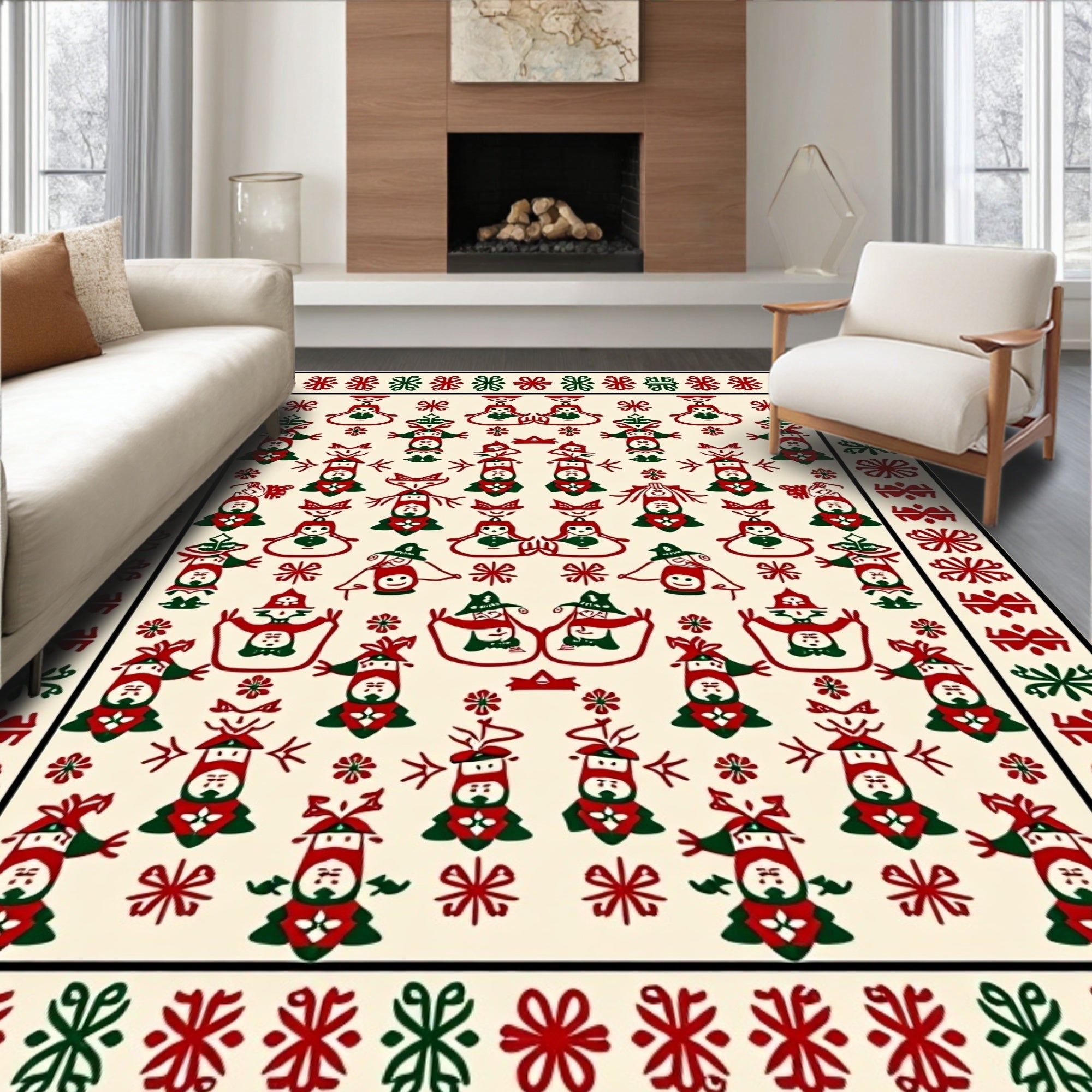 Christmas Folk Art Red Green Figures Rug