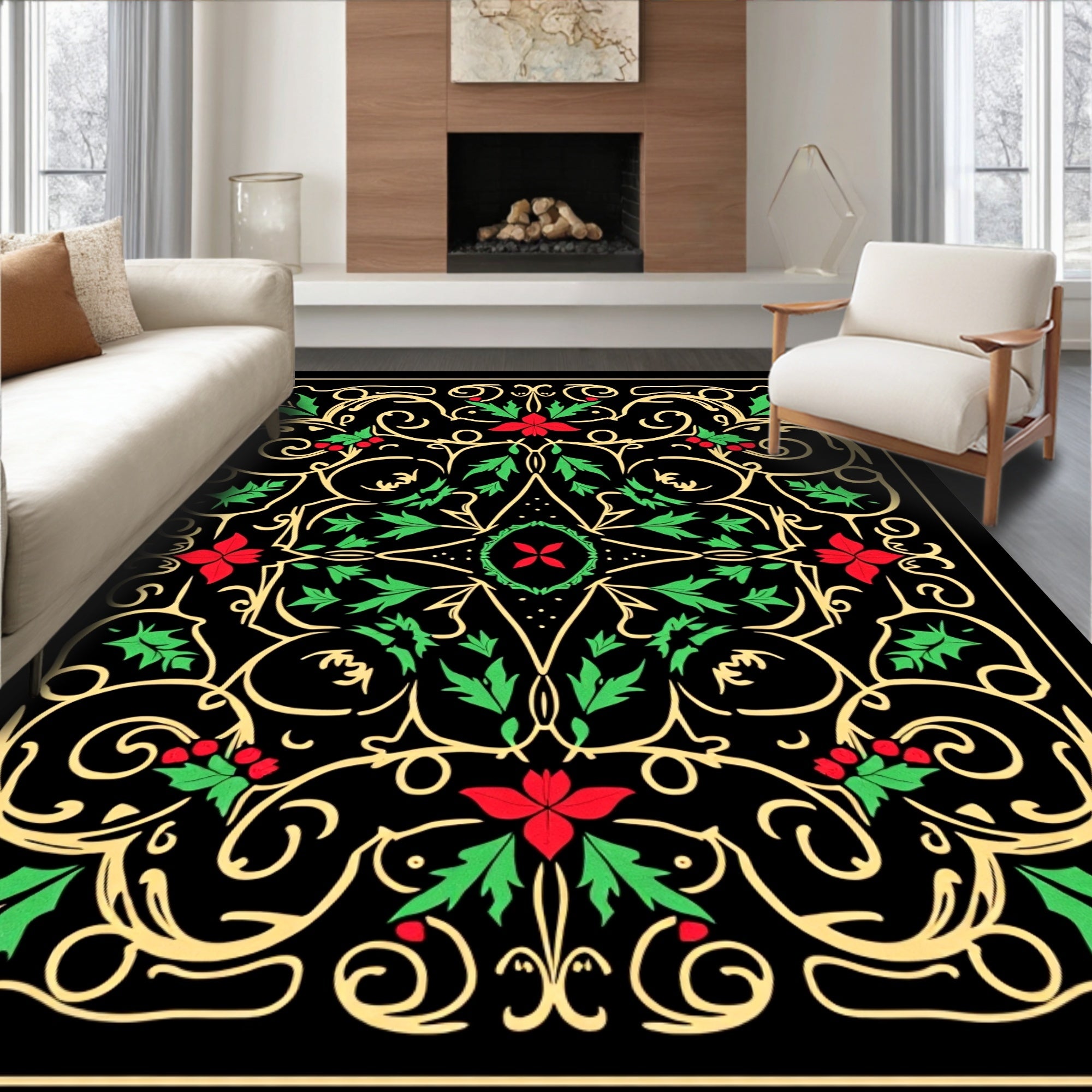 Vintage Red Green Holly Swirl Rug