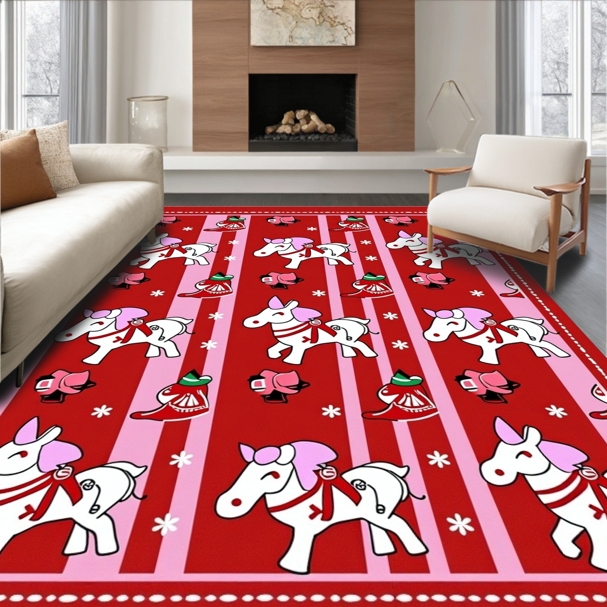 Festive White Horses Pink Mane Red Stripes Rug