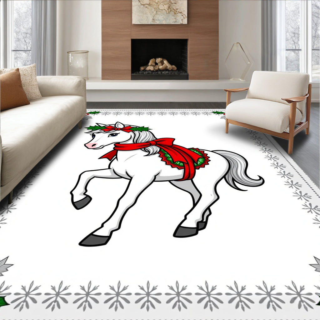 White Horse with Red Holiday Bows Rug