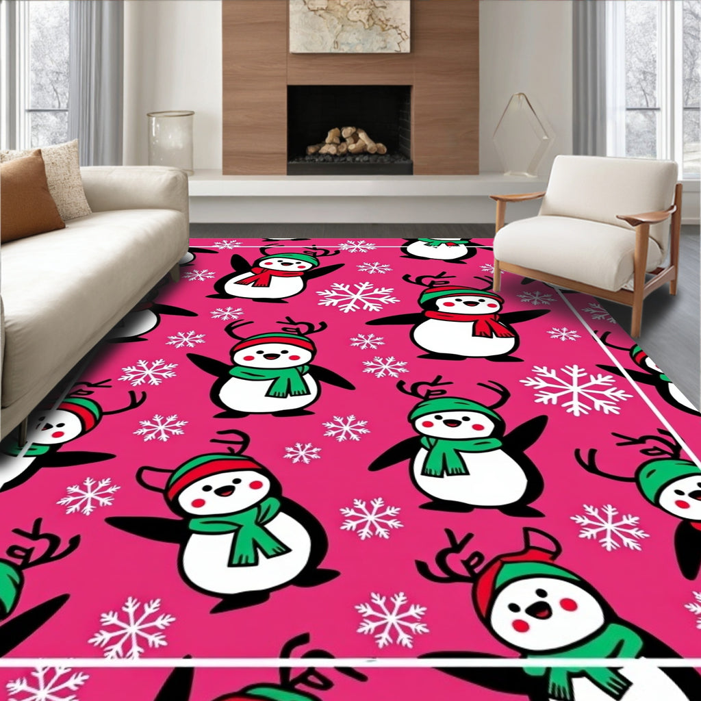 Whimsical Pink Penguin Snowflake Toss Rug