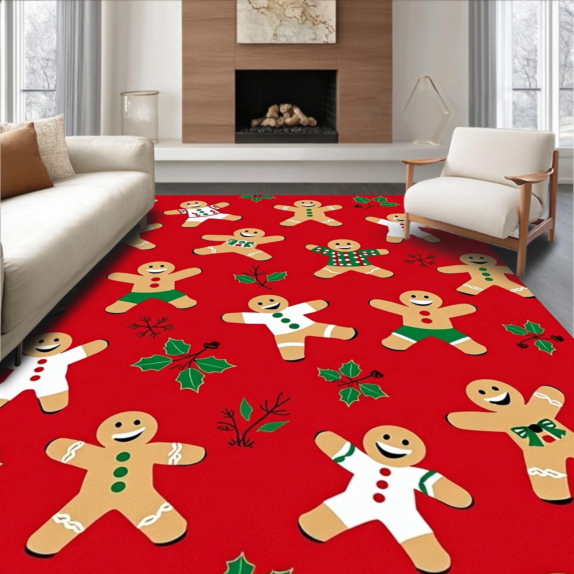 Christmas Gingerbread Man Holly Red Rug