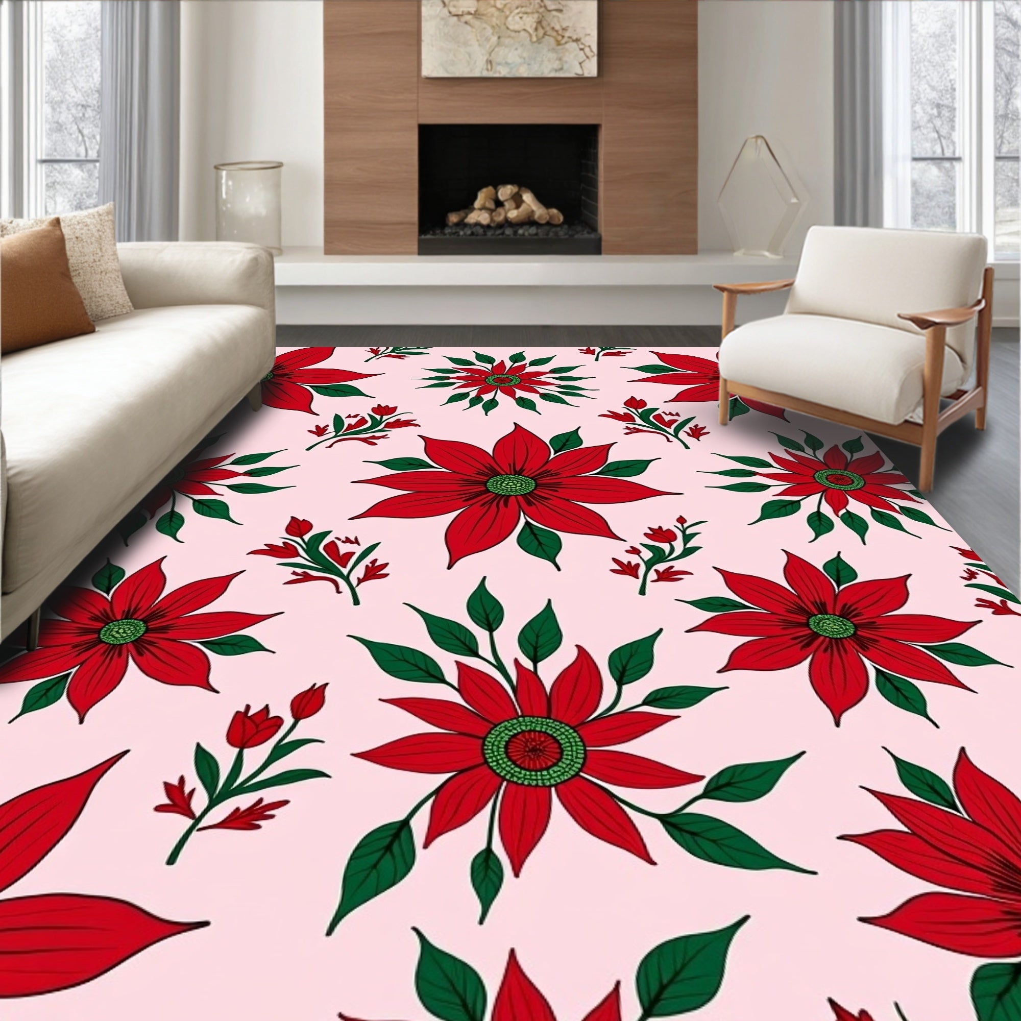 Red Floral Garland Poinsettia Rug