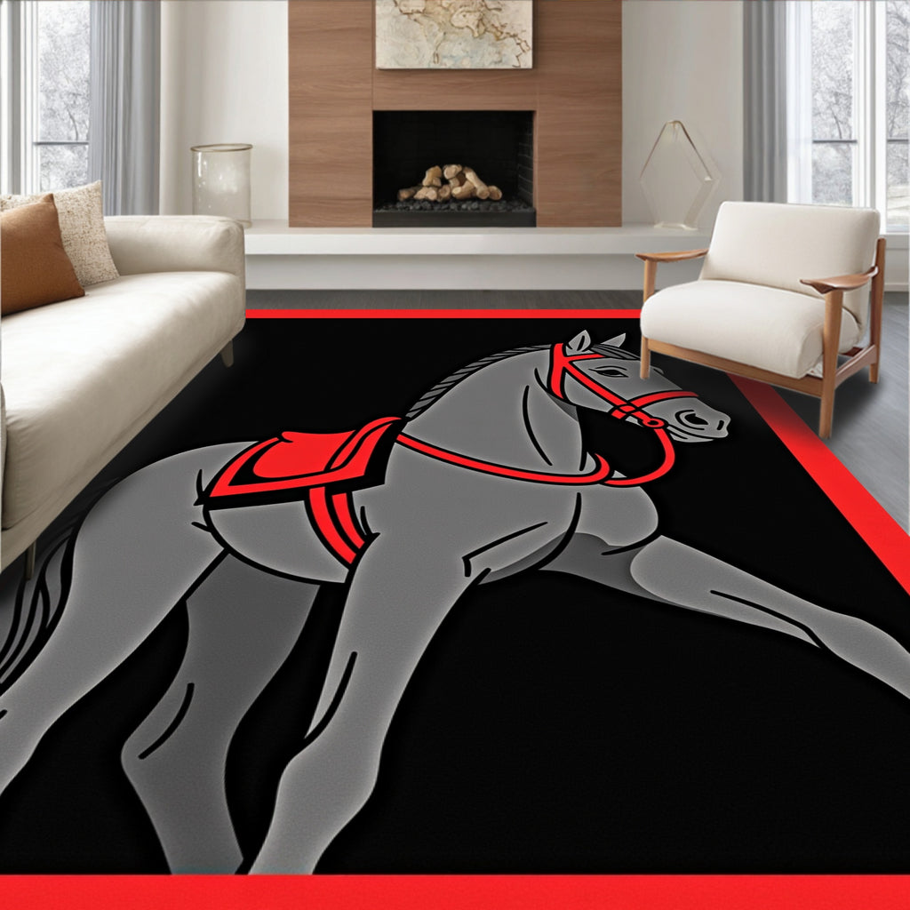 Gray Horse With Red Saddle Harness Rug