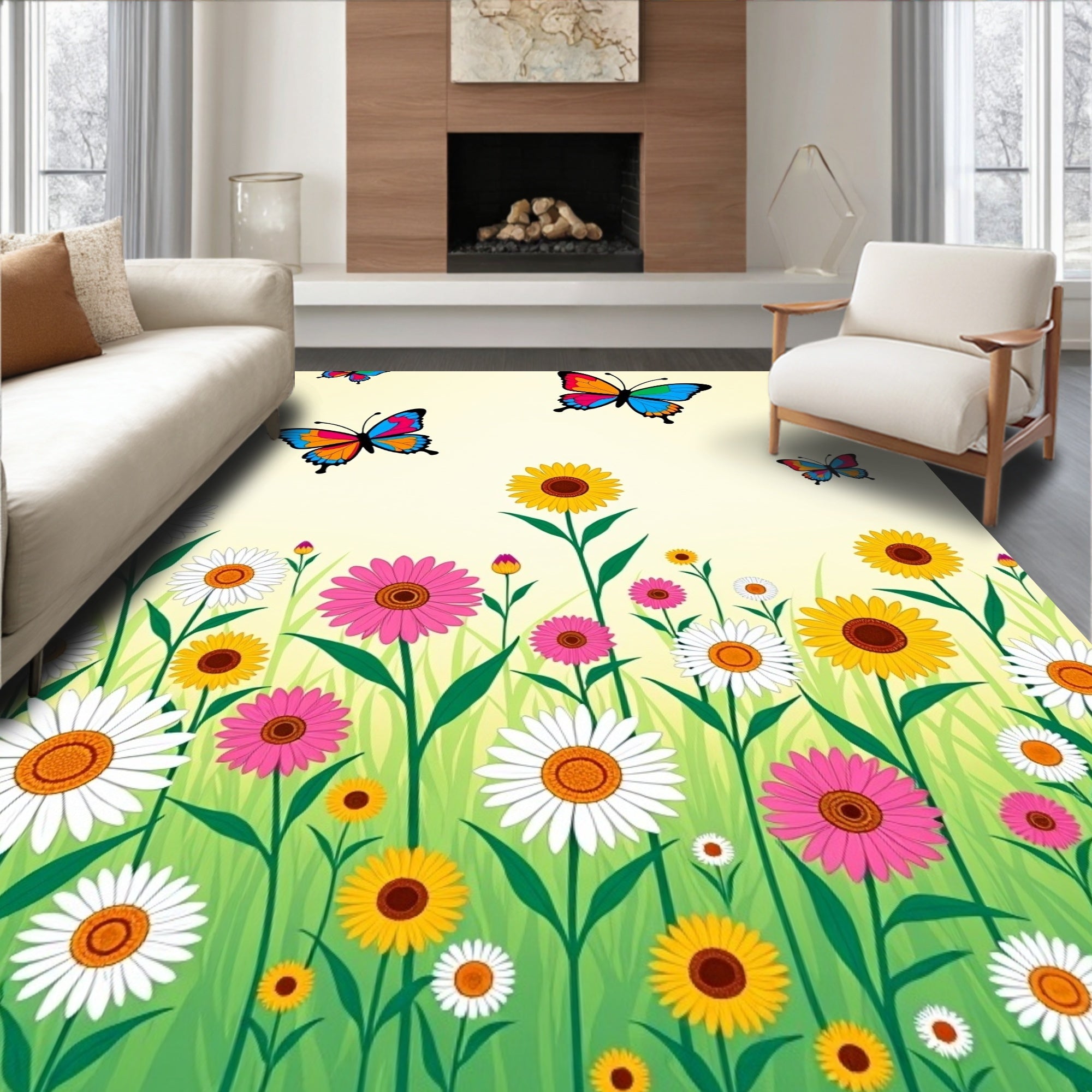 Colorful Fluttering Butterflies Garden Meadow Rug