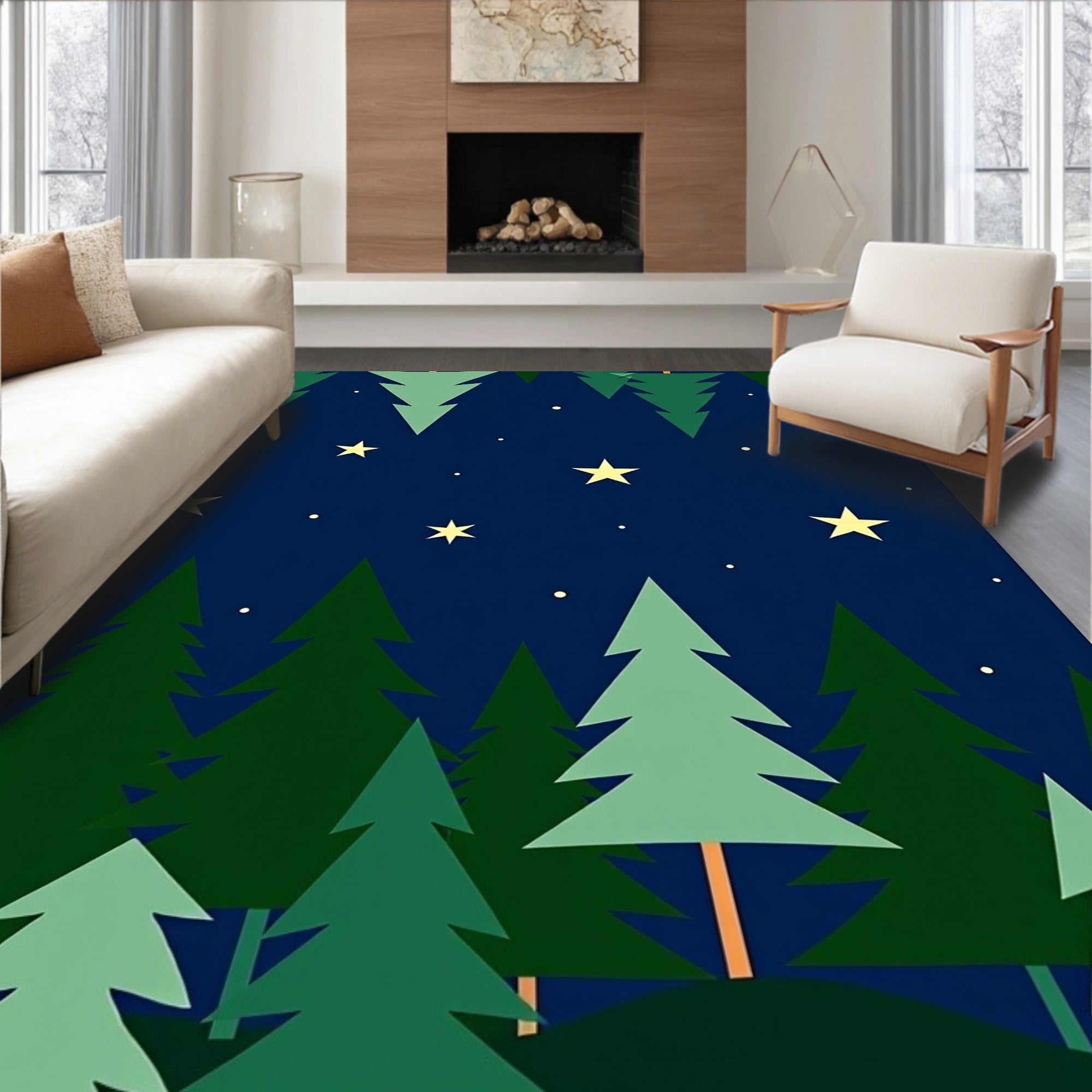 Midnight Forest Starry Night Trees Rug