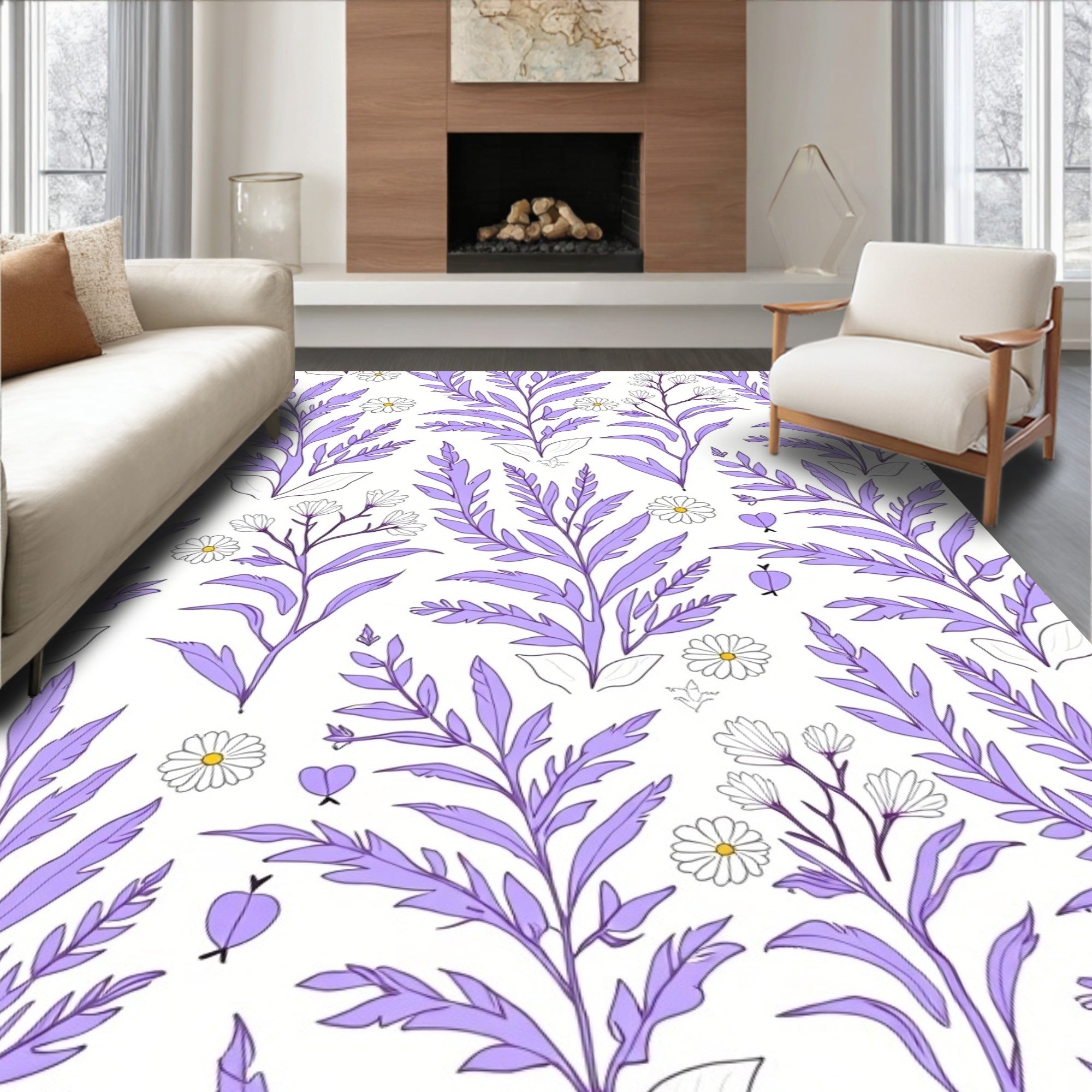 Pastel Purple Floral Botanical Field Rug