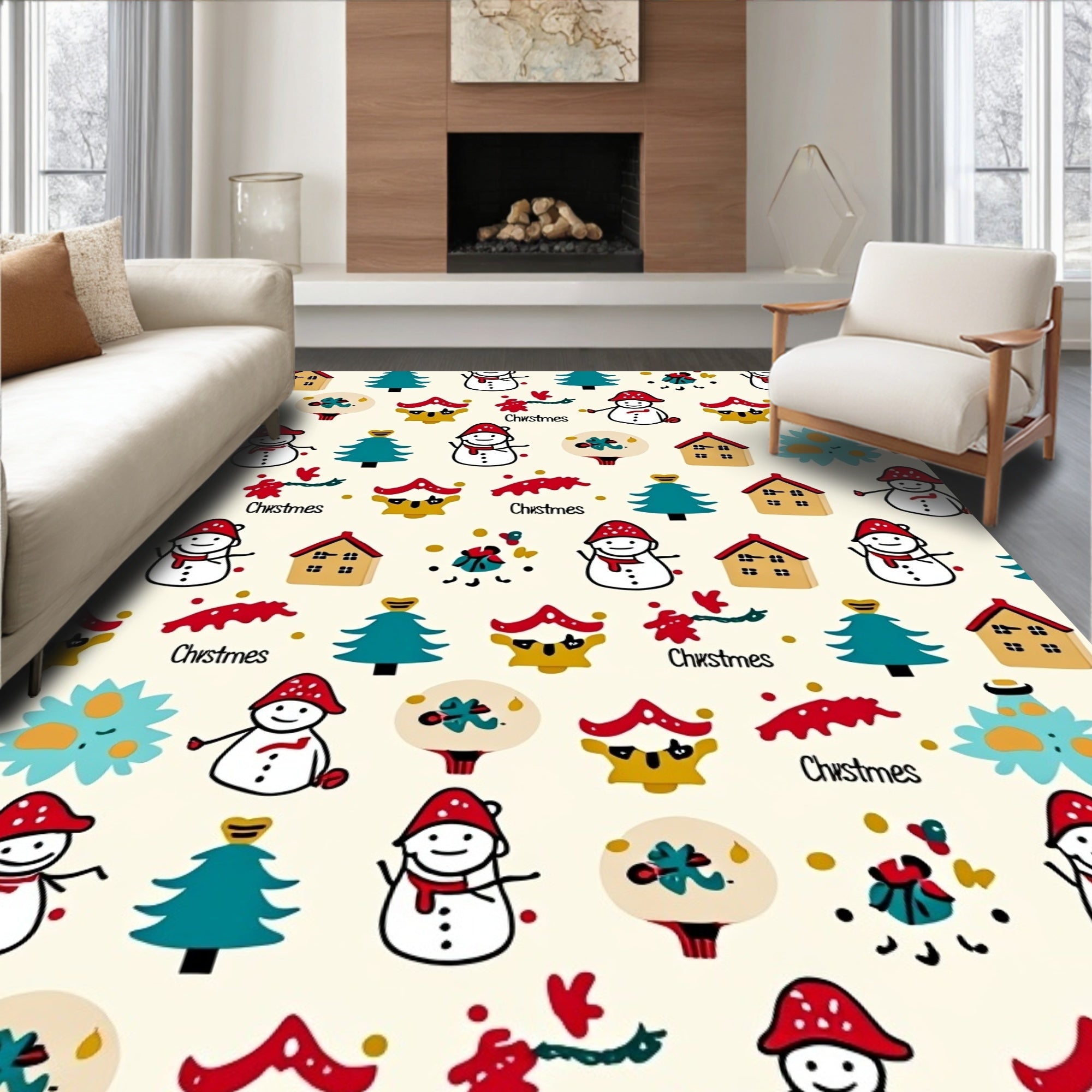 Cute Snowman Christmas Tree Village Rug