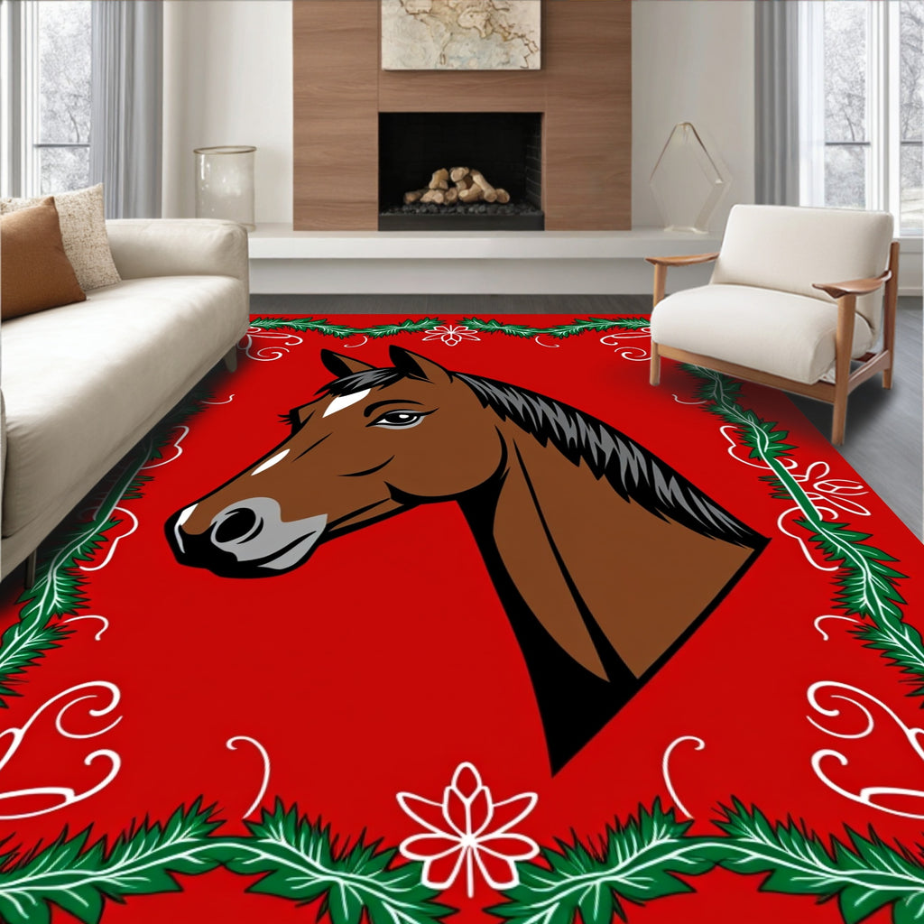 Brown Horse With Green Wreath Border Rug