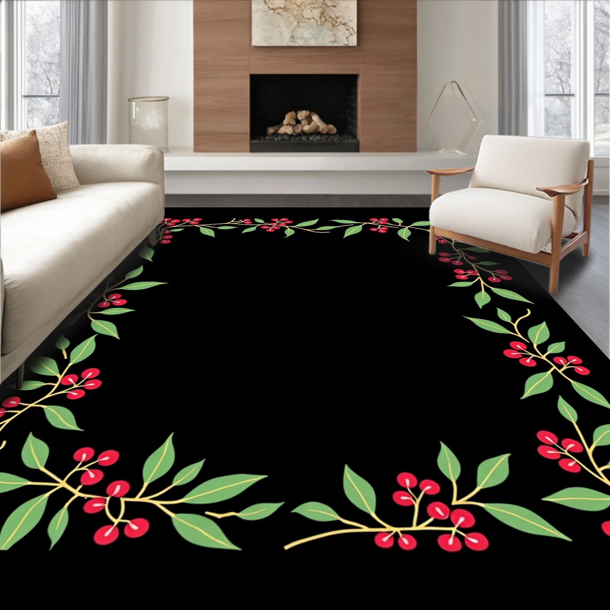 Crimson Berry Branch Border Rug