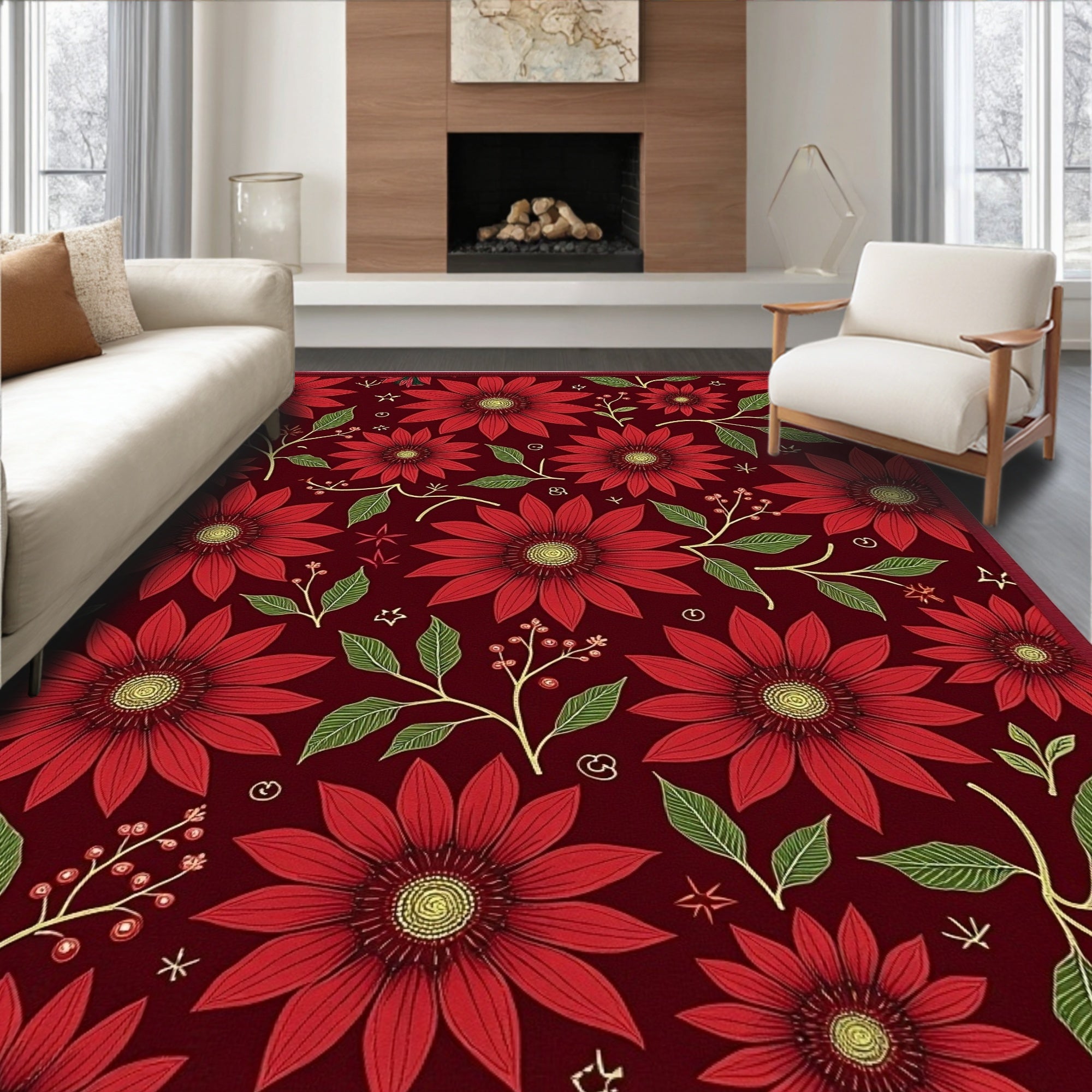 Vibrant Red Floral Botanical Medley Rug