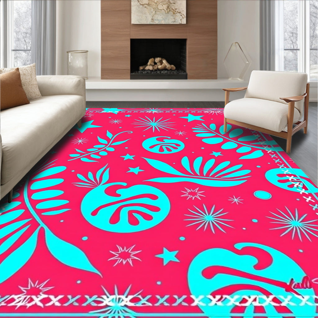 Vibrant Coral Aqua Tropical Stars Rug