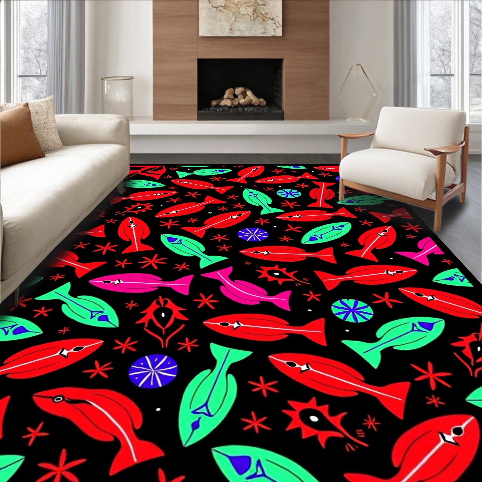 Whimsical Red Green Fish Collection Rug