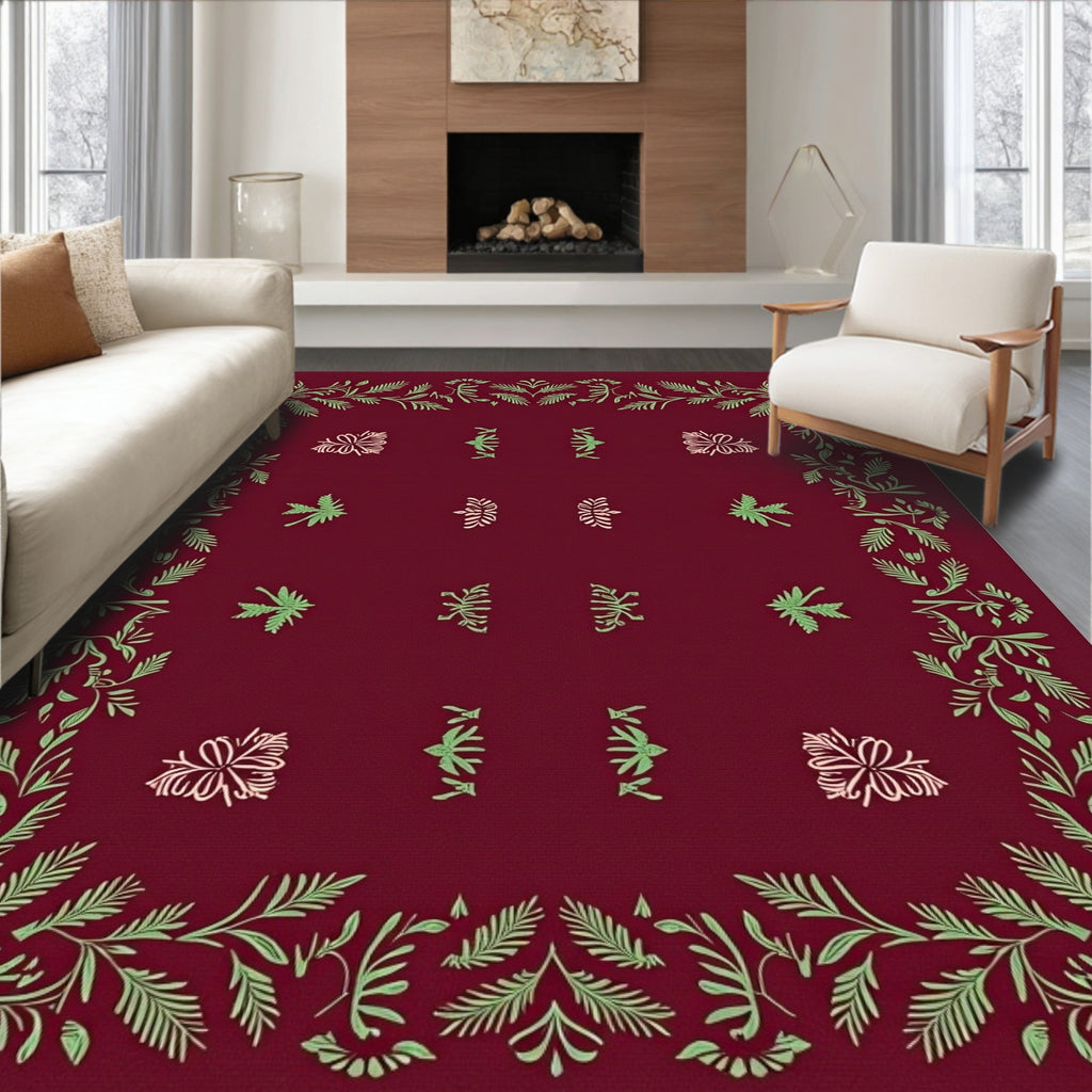 Crimson Garden Floral Leaf Border Rug