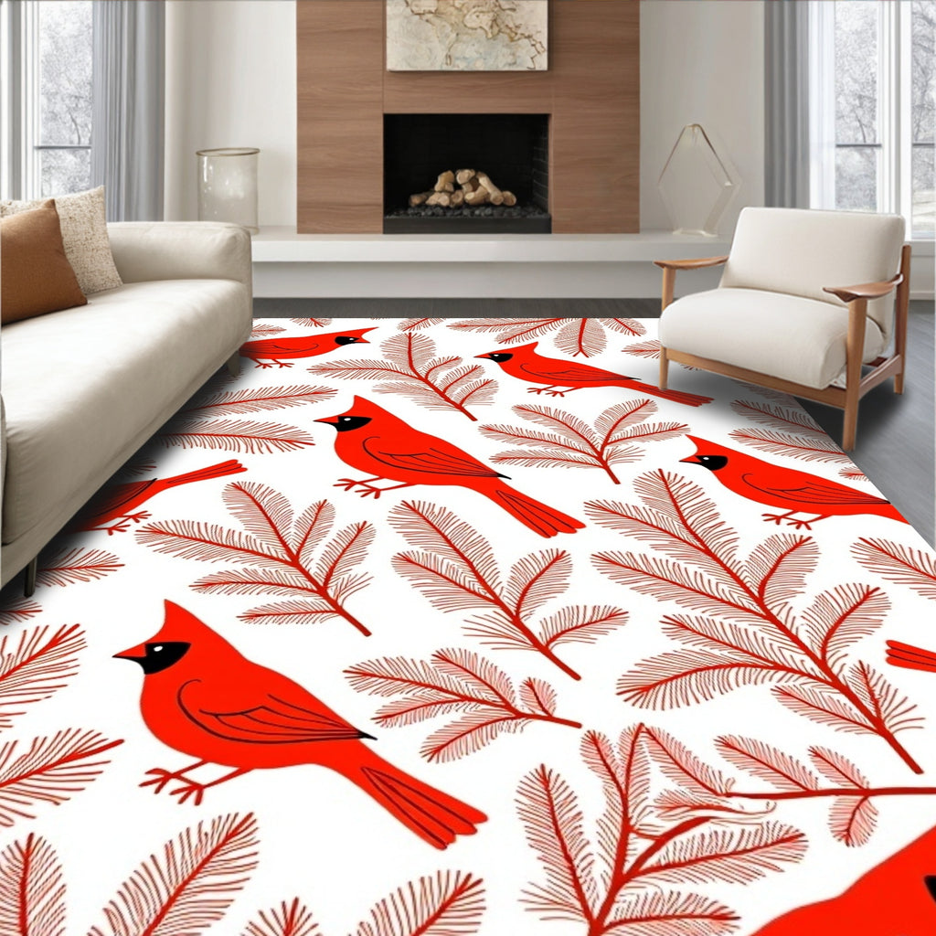 Vibrant Red Cardinal Evergreen Branch Rug