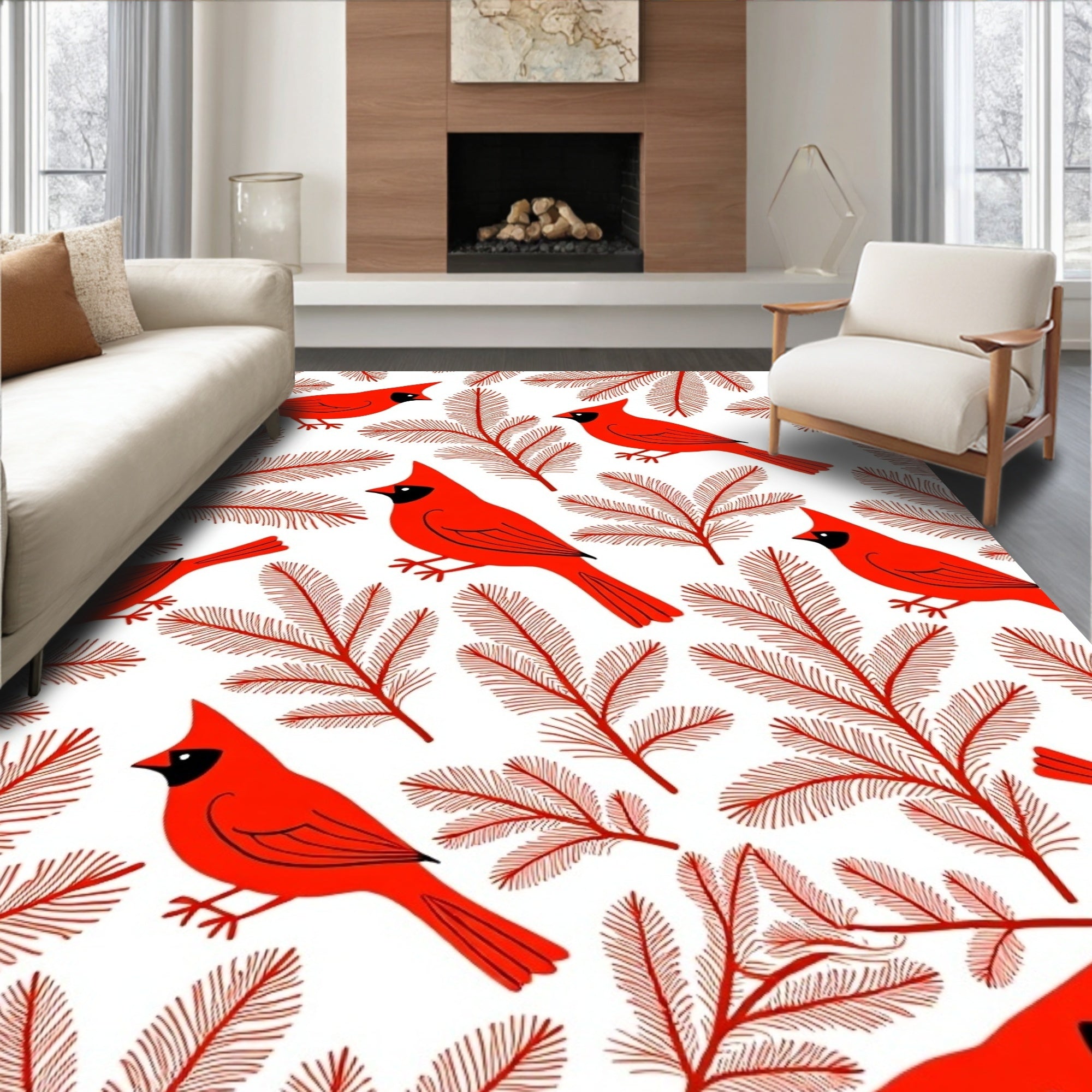 Vibrant Red Cardinal Evergreen Branch Rug