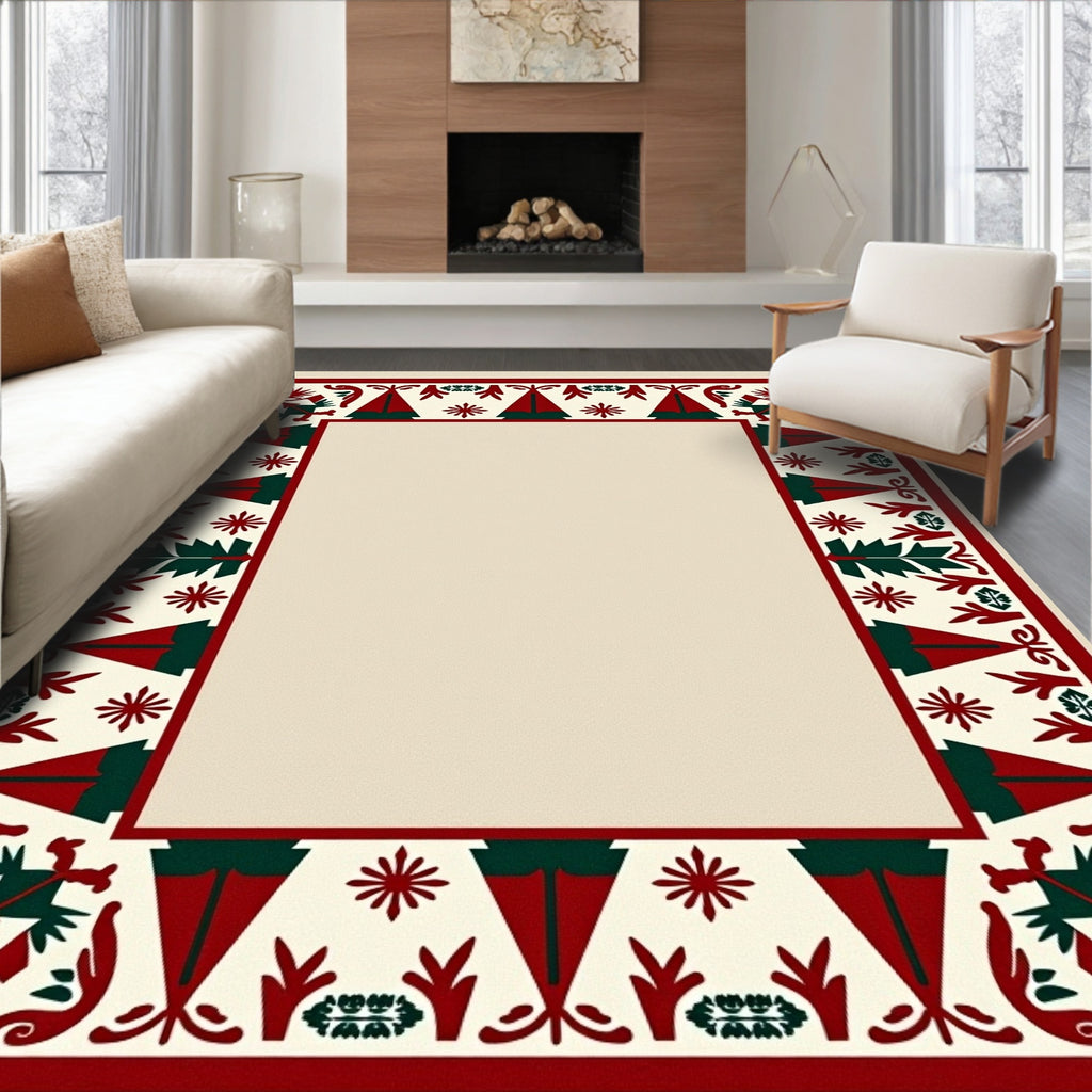 Crimson Evergreen Folk Art Border Rug