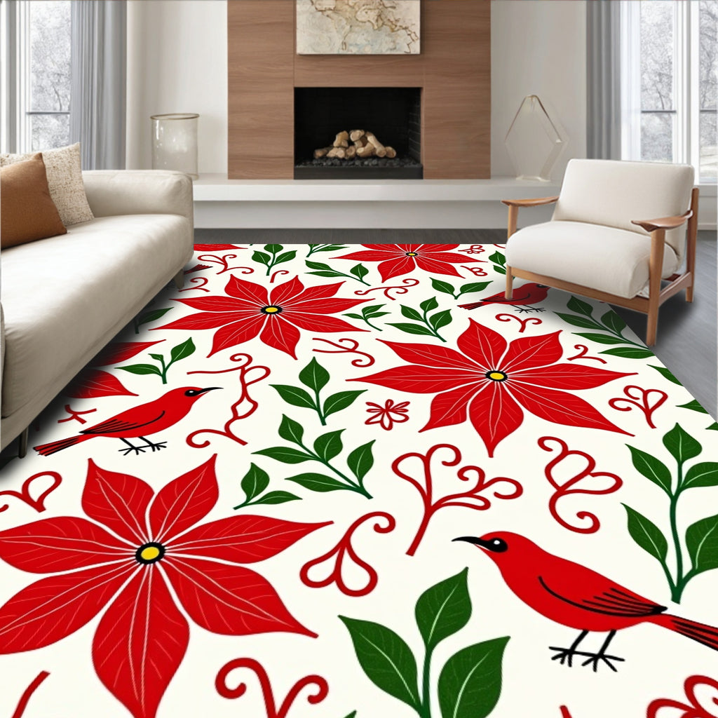 Red Poinsettia Birds Green Foliage Rug