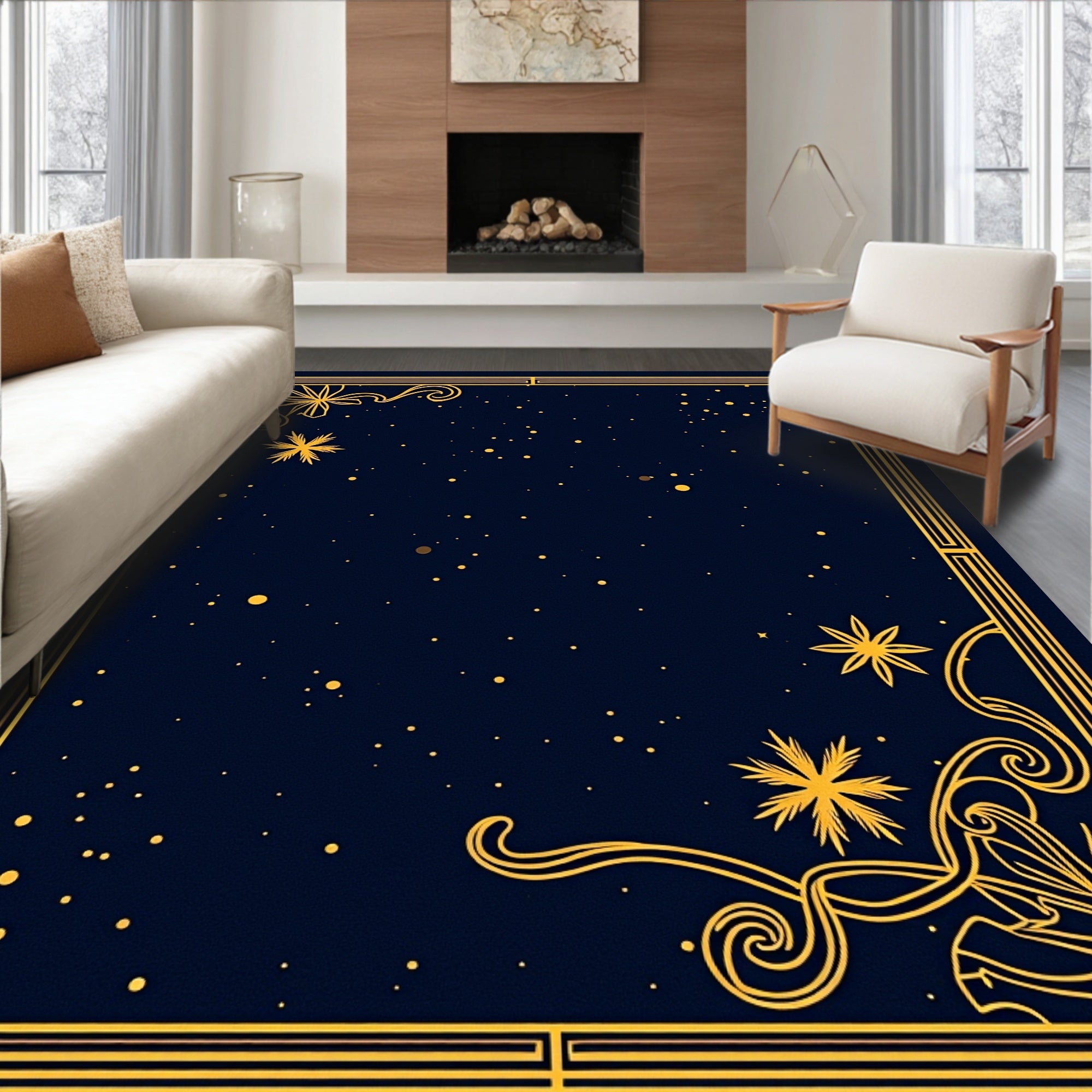 Deep Blue Golden Starry Night Border Rug