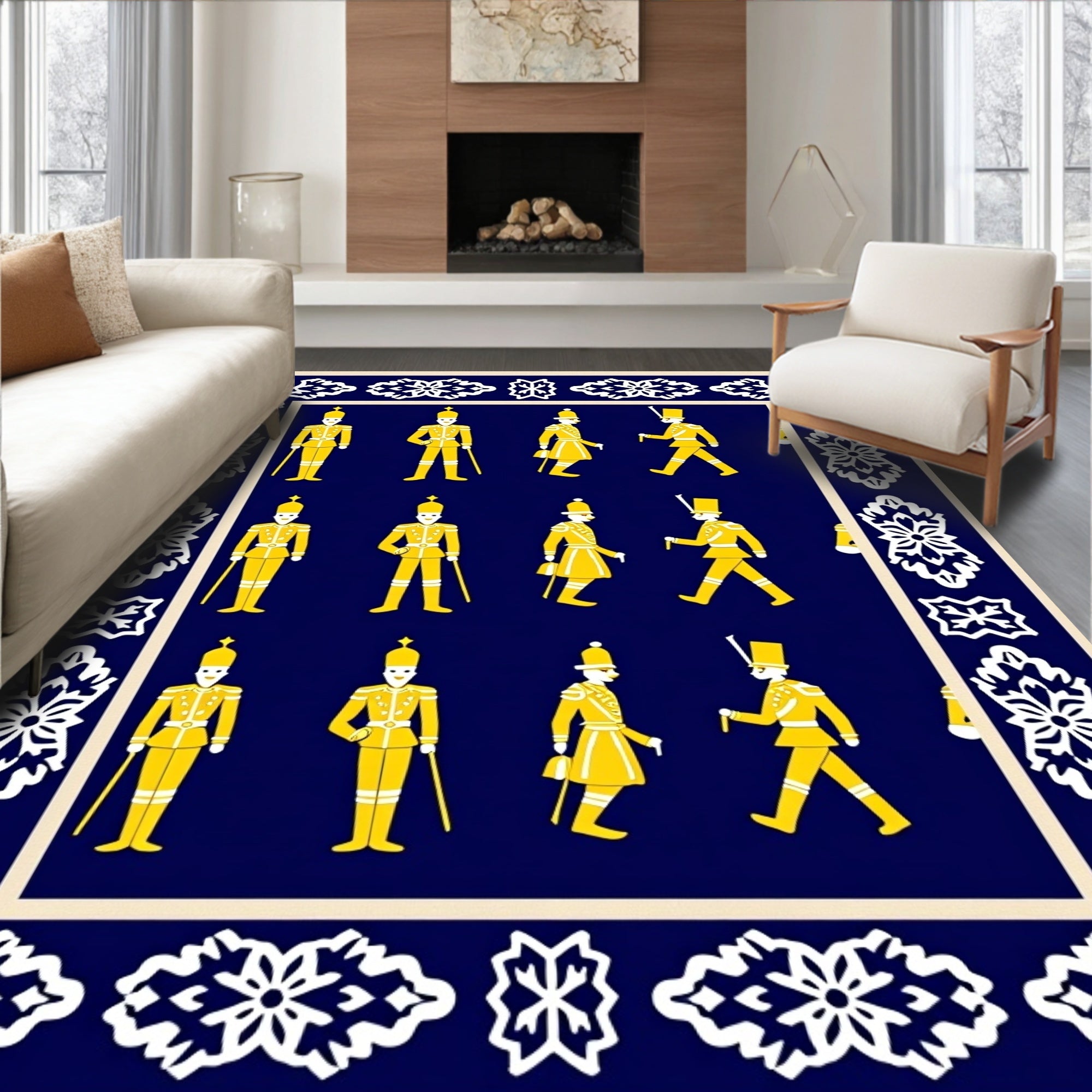 Yellow Soldiers Navy Blue Border Rug