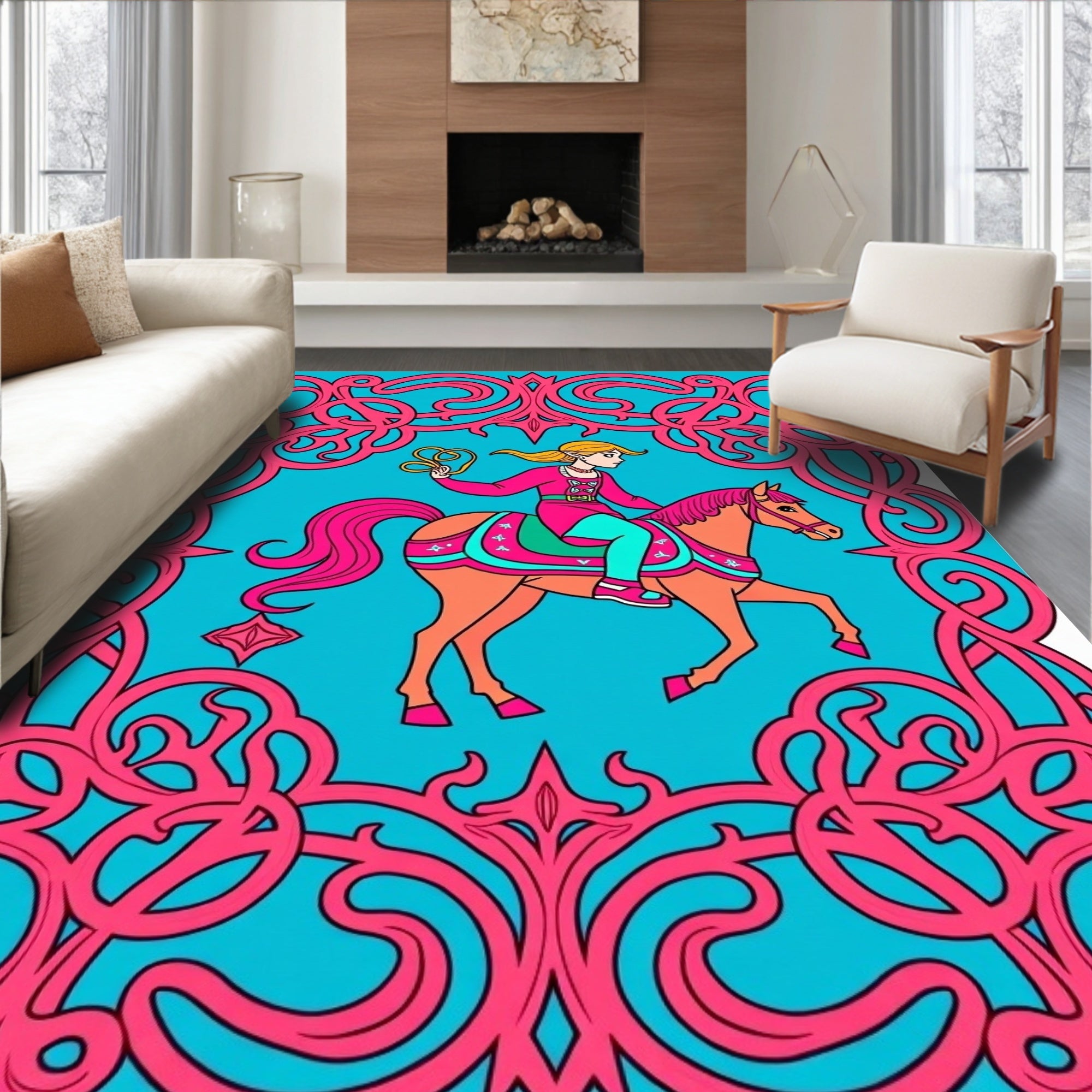 Whimsical Elf Rider Aqua Pink Tapestry Rug