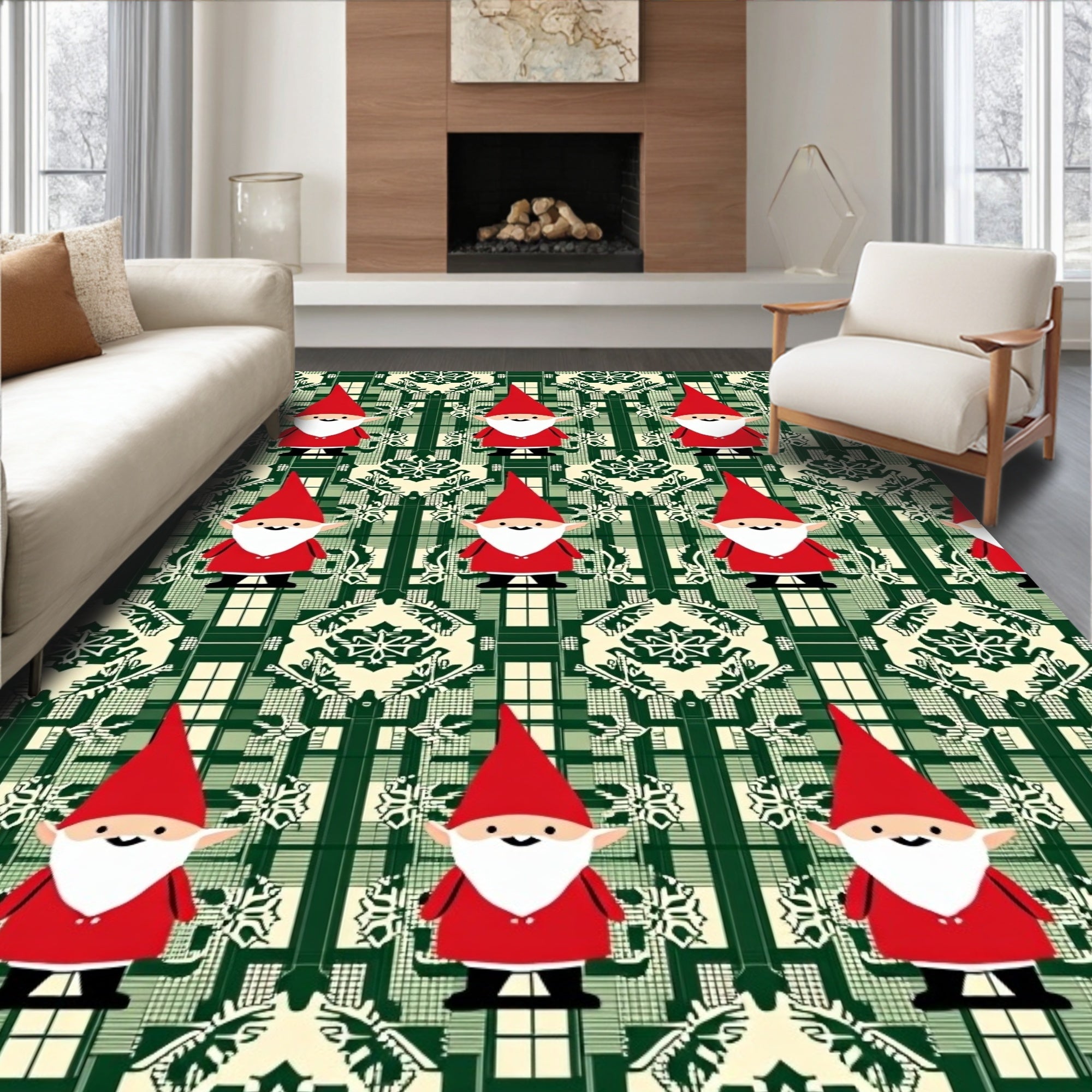 Festive Red Gnome Green Damask Rug