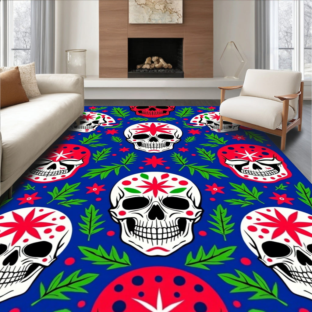 Vivid Blue Skull Floral Garland Rug