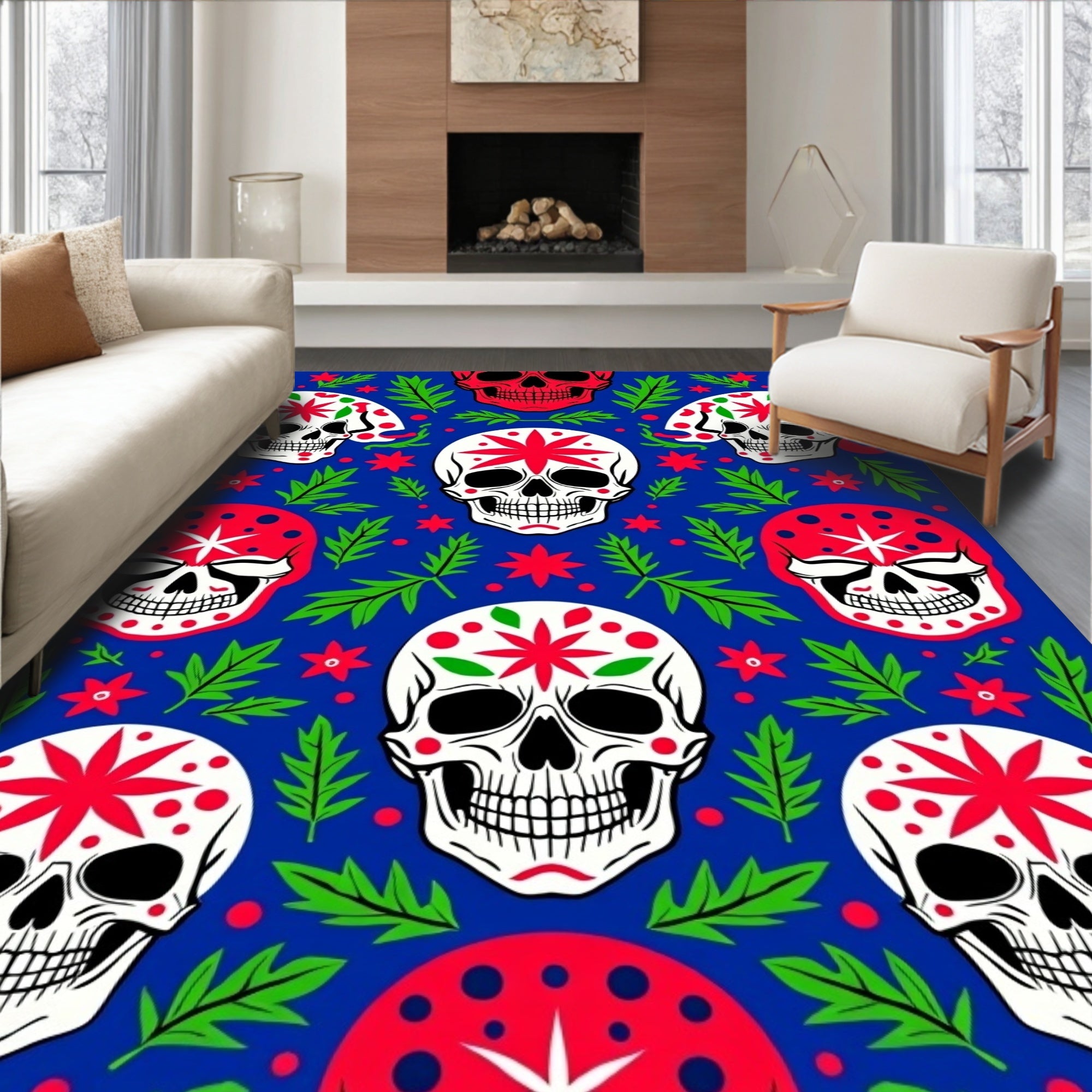 Vivid Blue Skull Floral Garland Rug