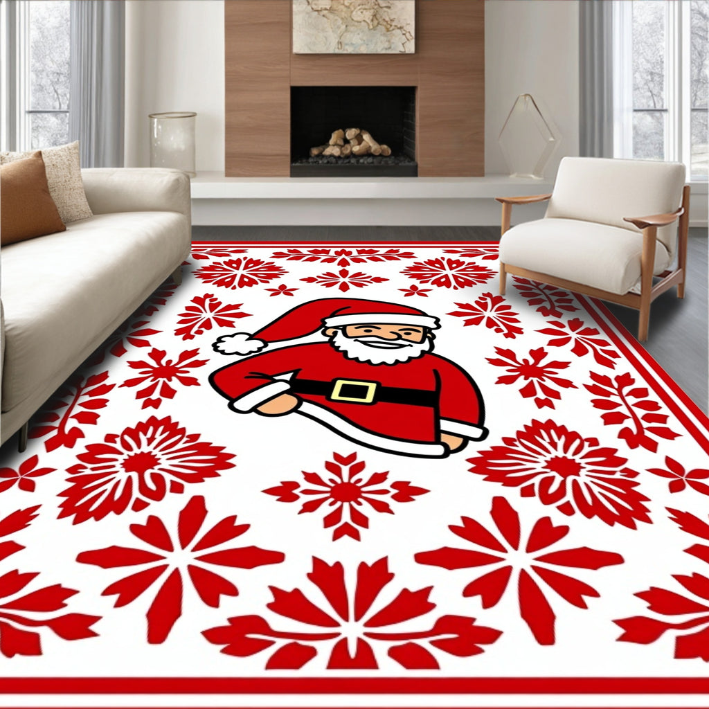 Red Holiday Christmas Santa Snowflakes Rug